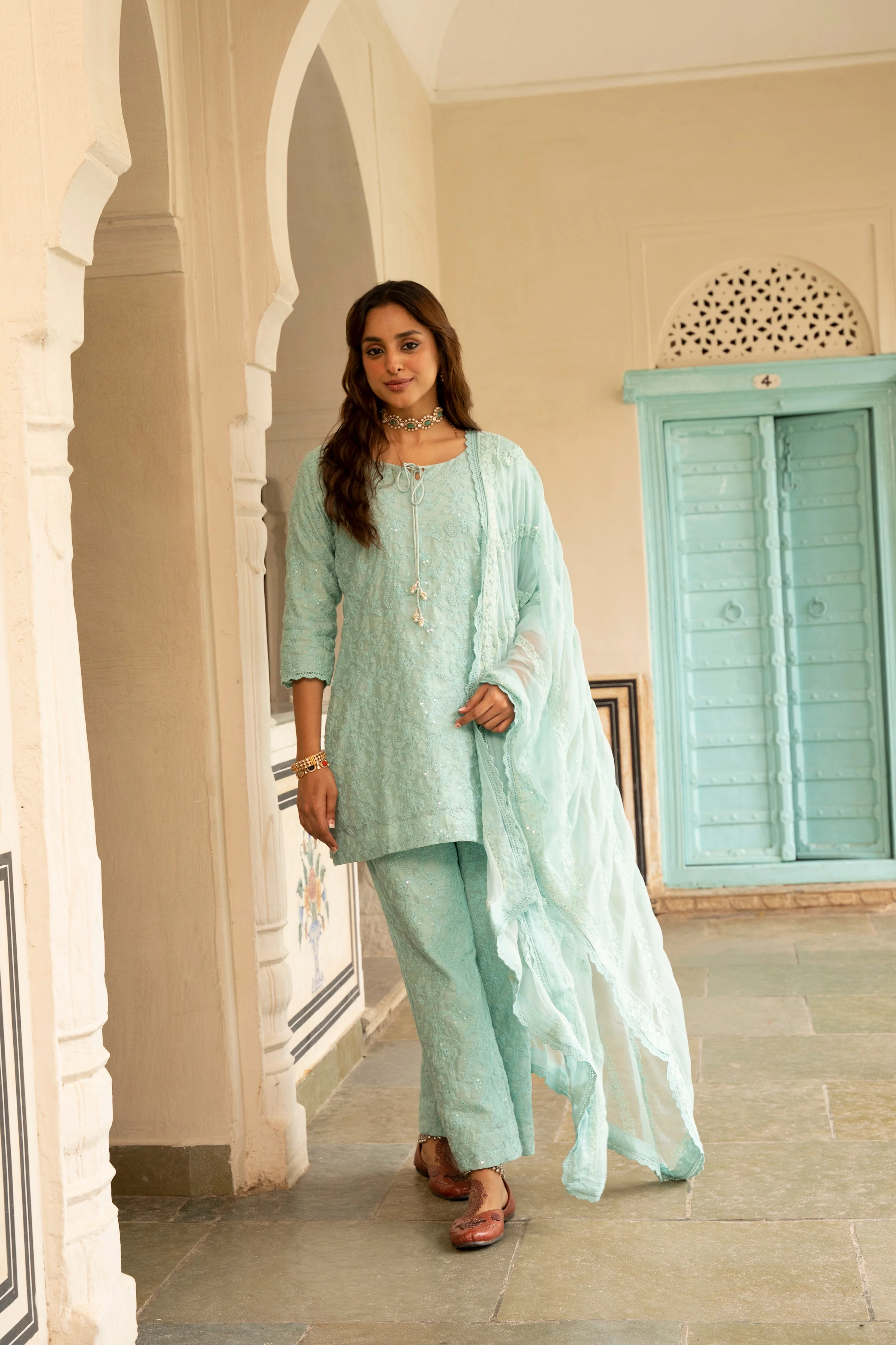 Ice Blue Embroidered Chanderi Silk Pant Set - Image 5