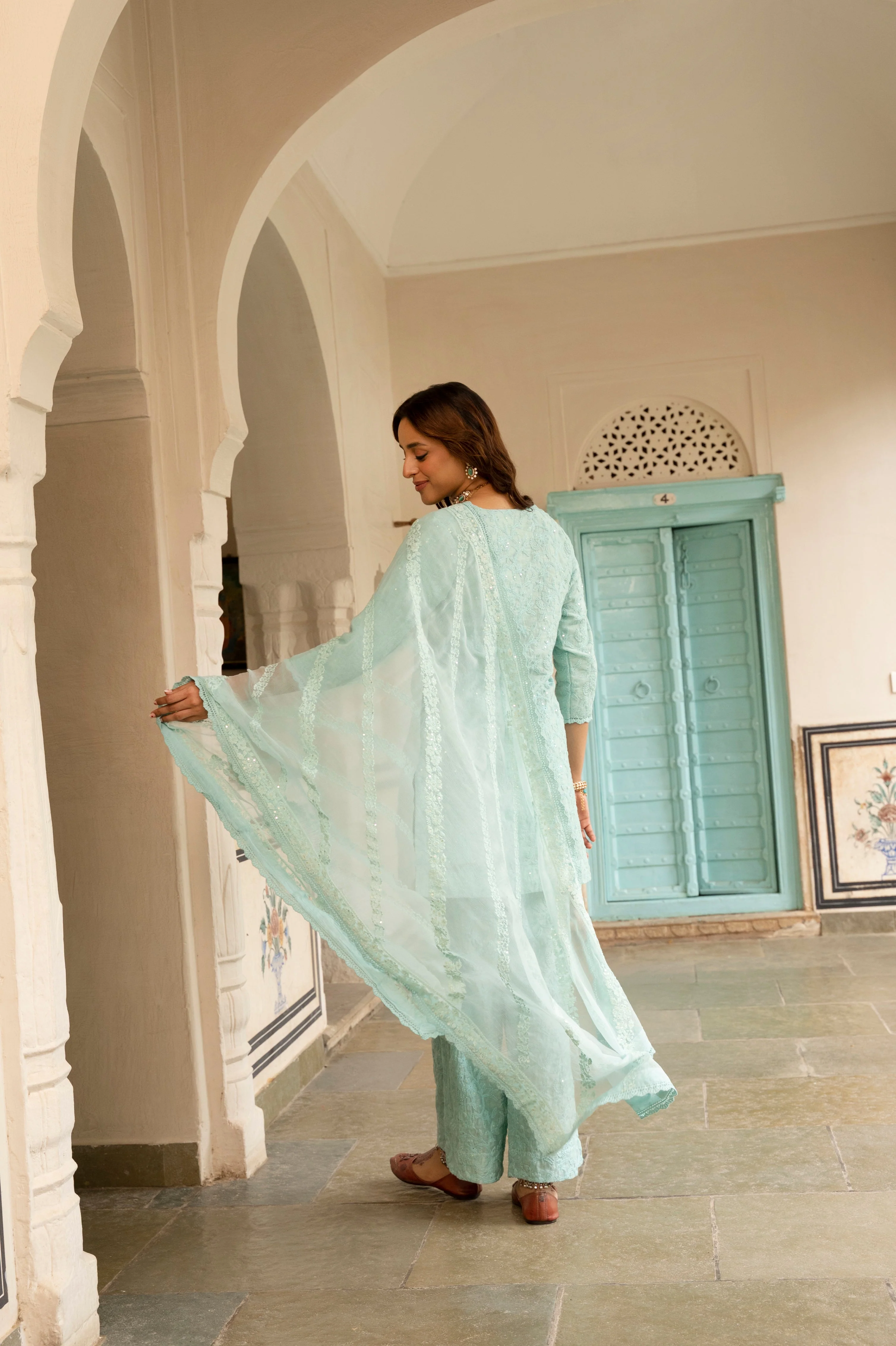 Ice Blue Embroidered Chanderi Silk Pant Set - Image 6