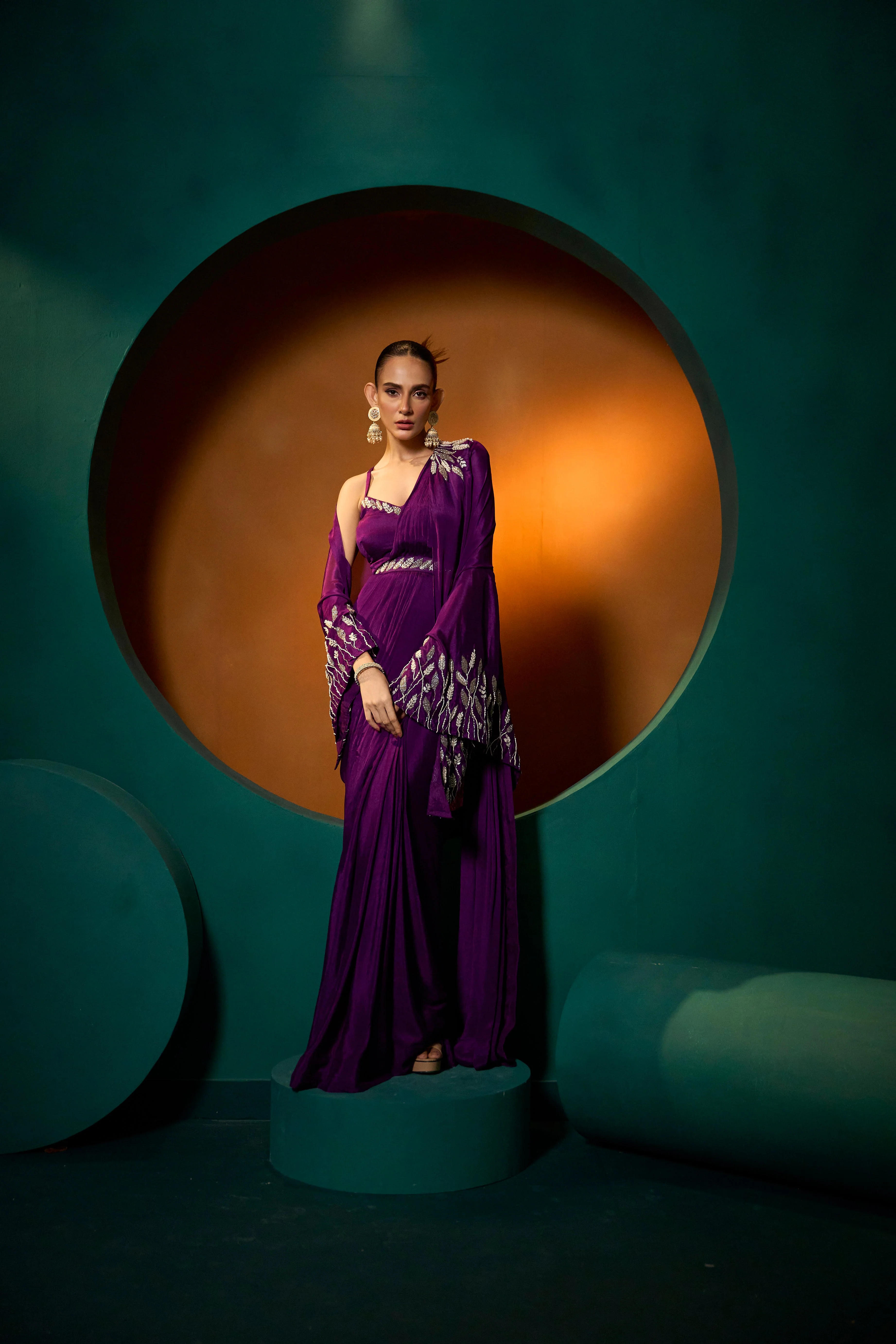 Iconic Purple Chinon Silk Draped Saree With Cape - Image 3