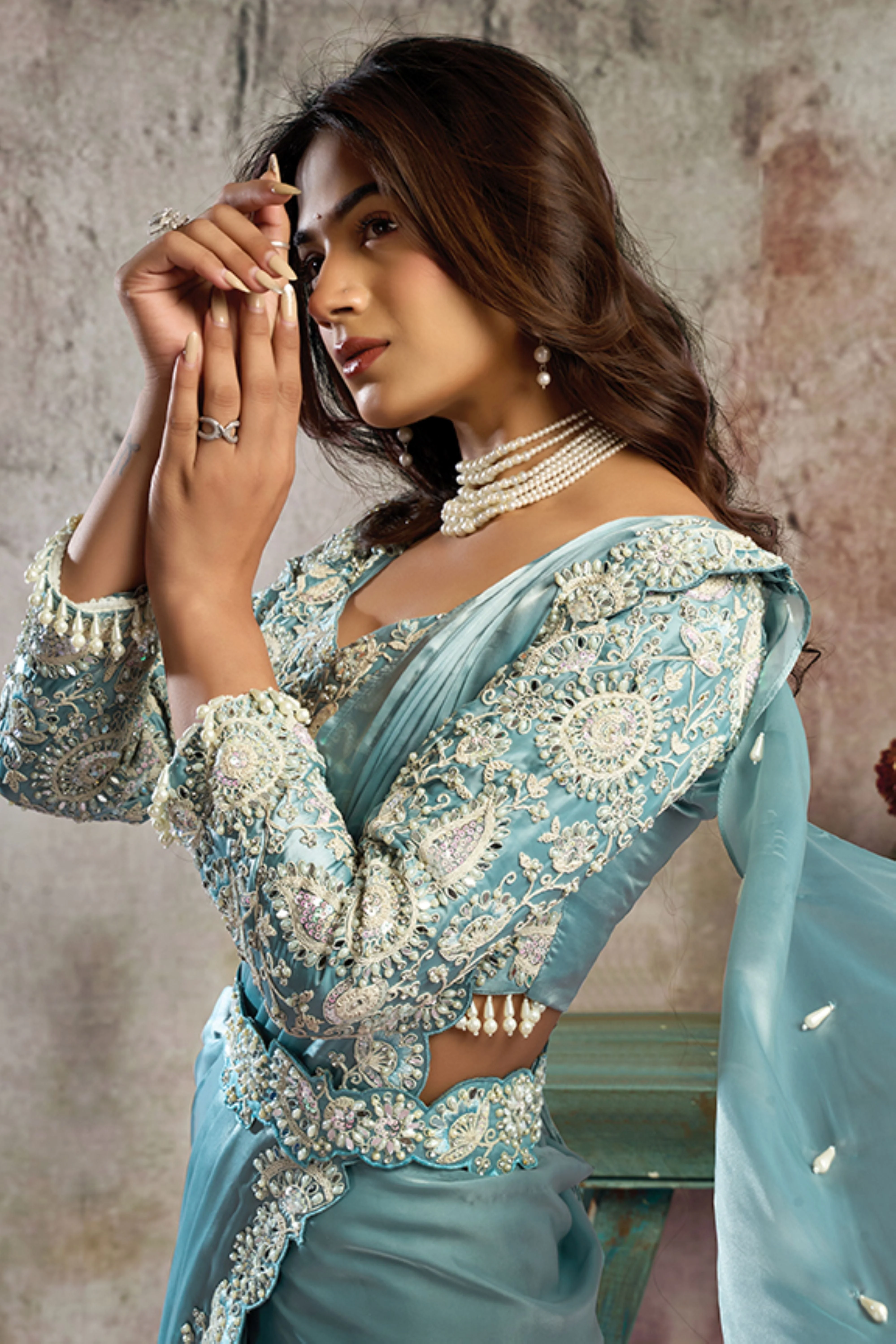 Icy Blue Embellished Satin Silk Draped Saree - Image 2