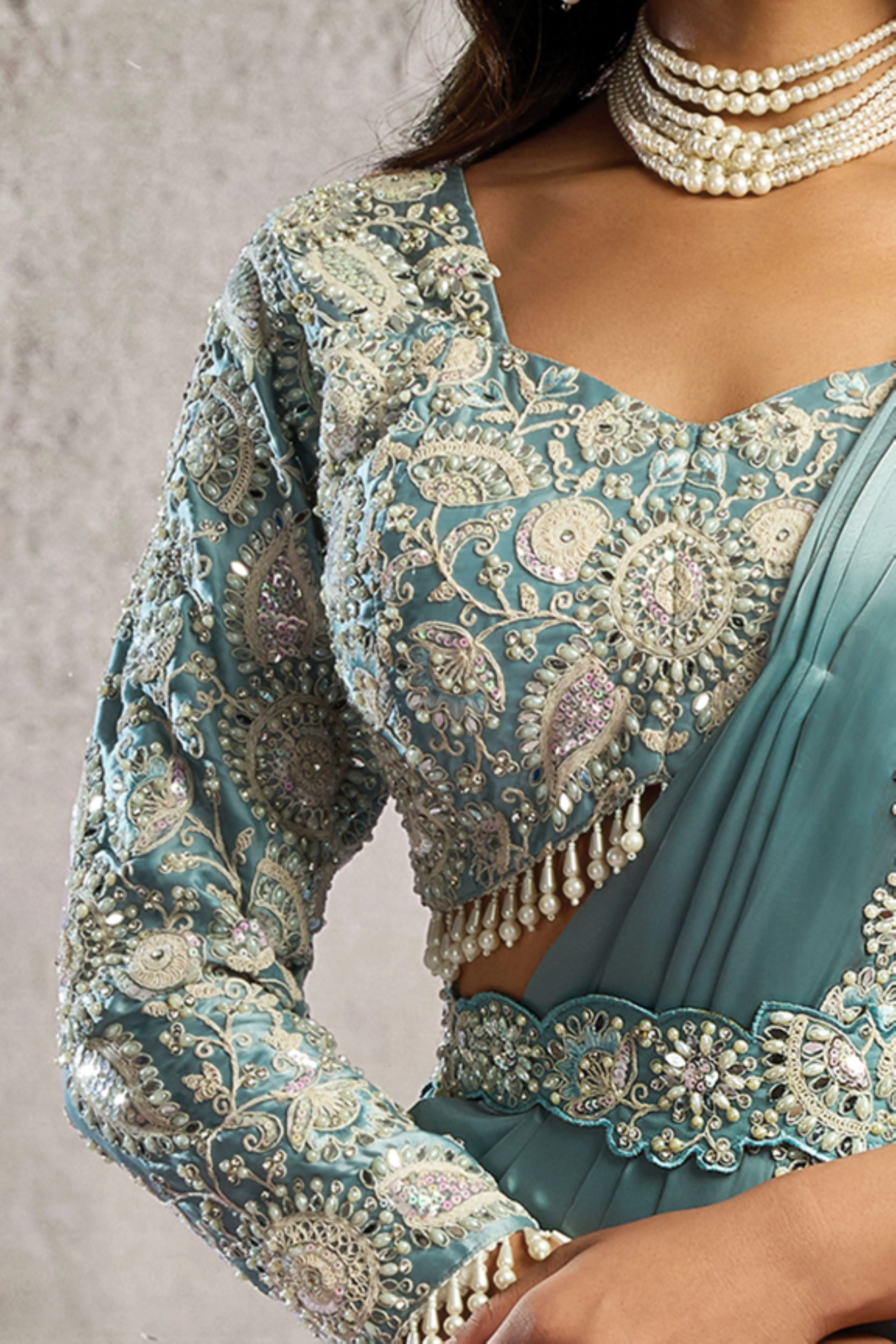 Icy Blue Embellished Satin Silk Draped Saree - Image 3