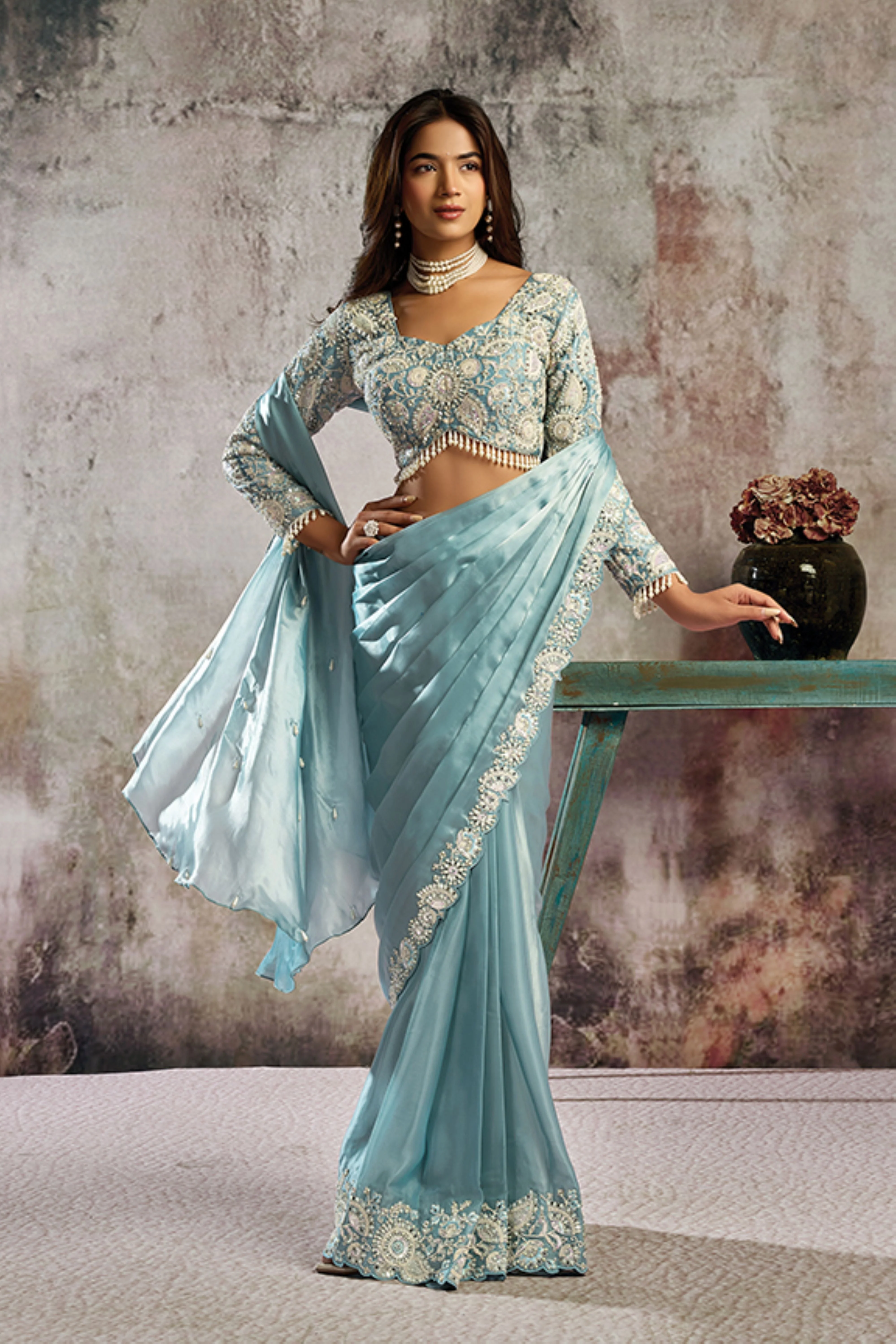 Icy Blue Embellished Satin Silk Draped Saree - Image 4