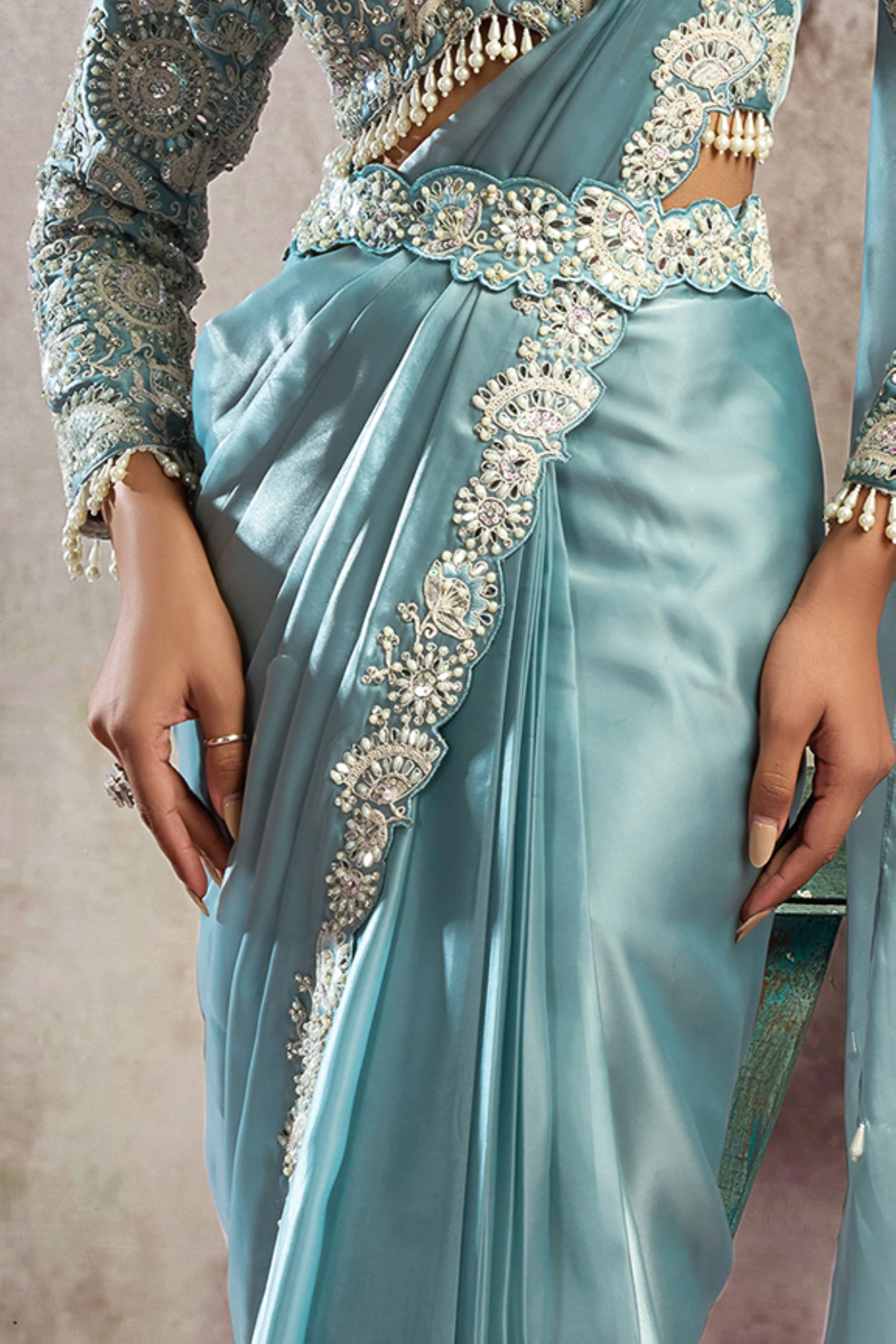 Icy Blue Embellished Satin Silk Draped Saree - Image 5