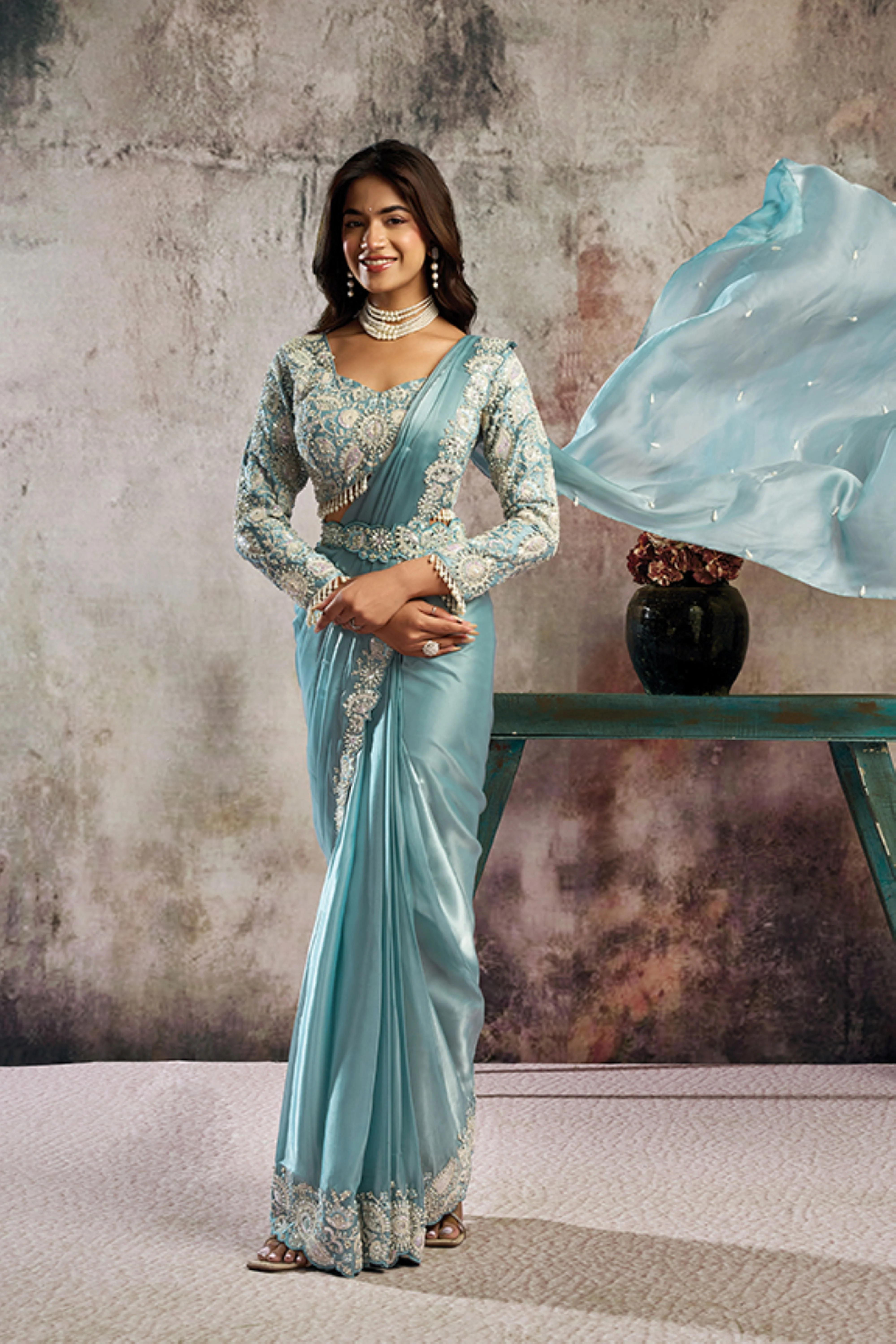 Icy Blue Embellished Satin Silk Draped Saree - Image 6