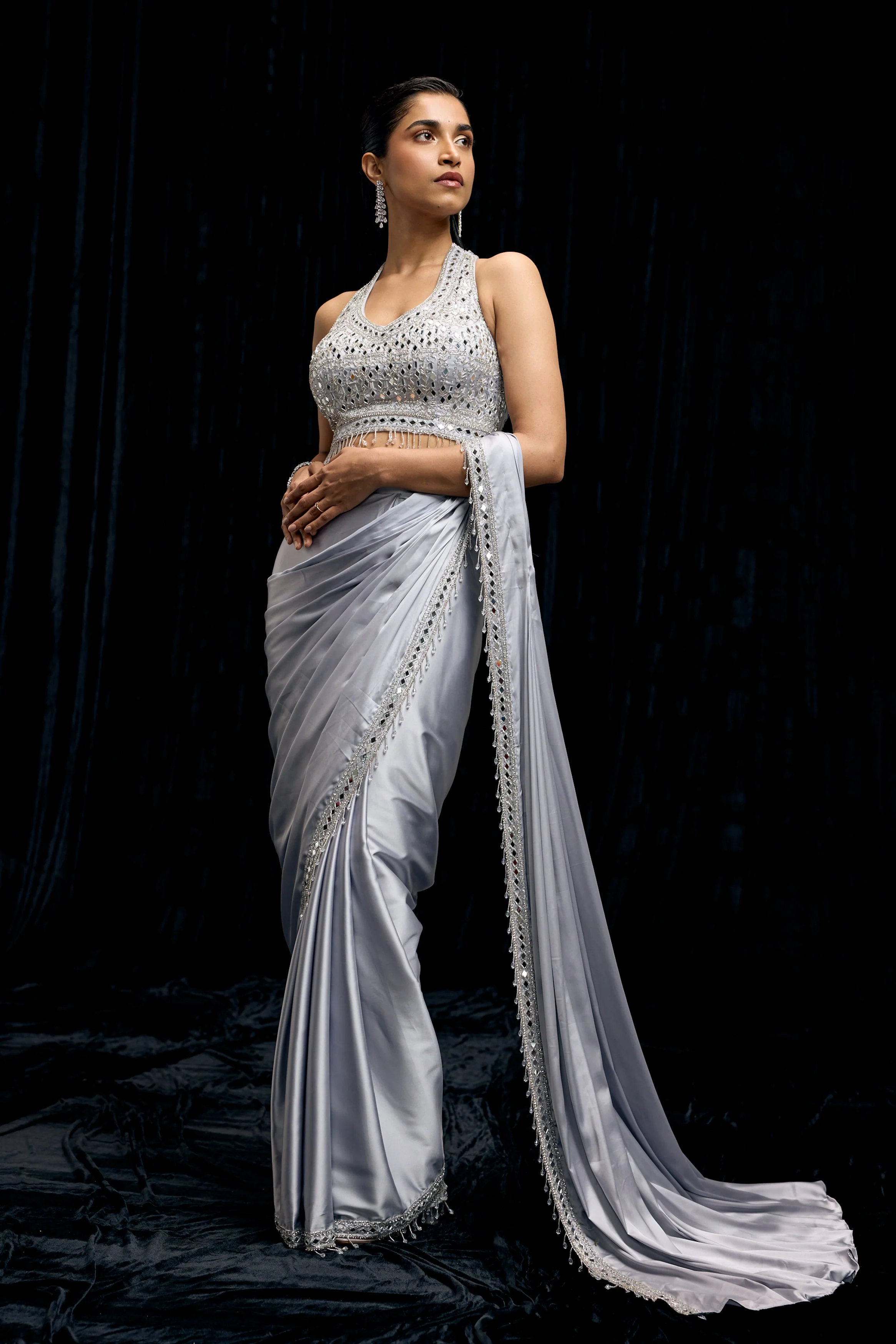 Icy Blue Embellished Satin Silk Draped Saree - Image 6