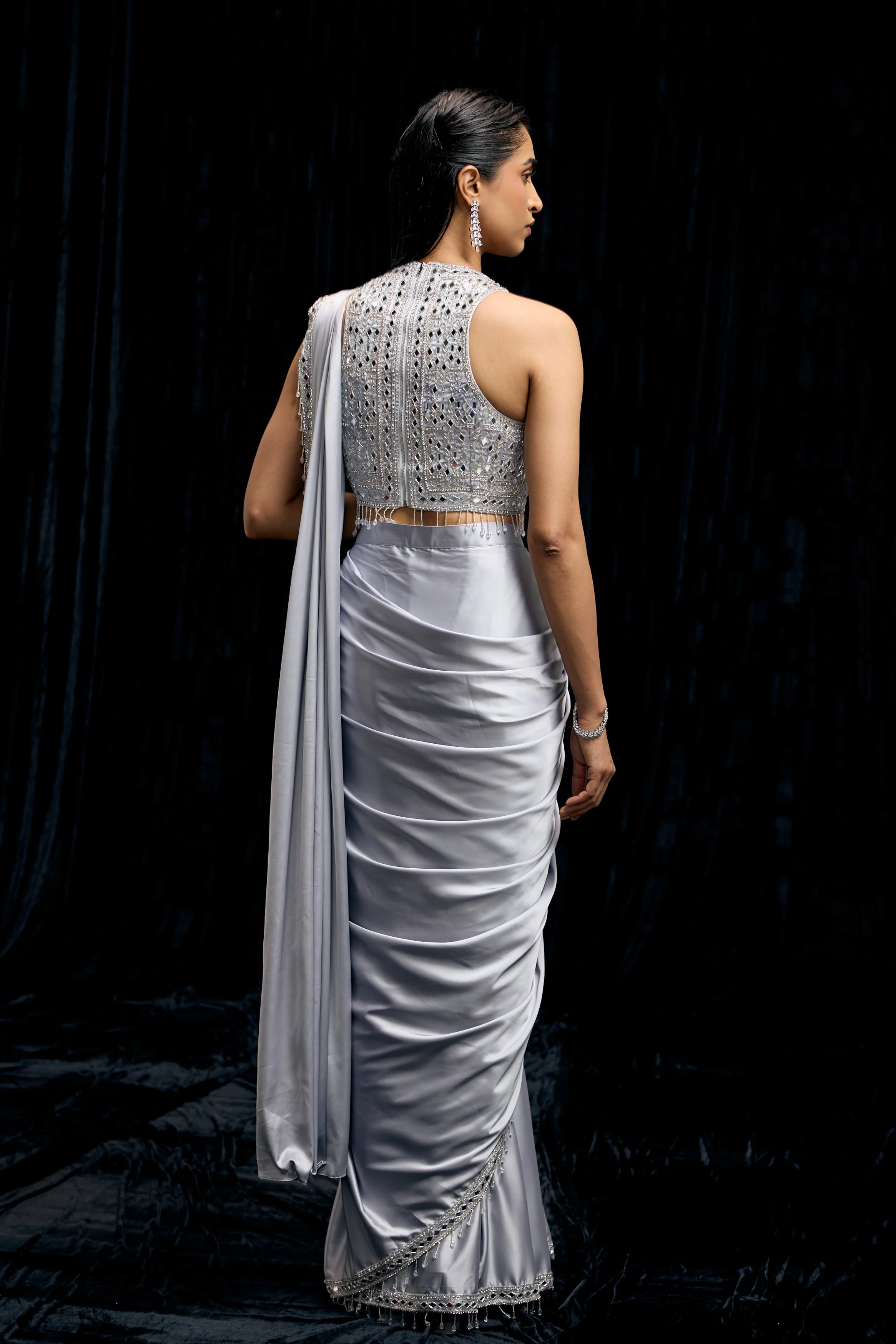 Icy Blue Embellished Satin Silk Draped Saree - Image 7