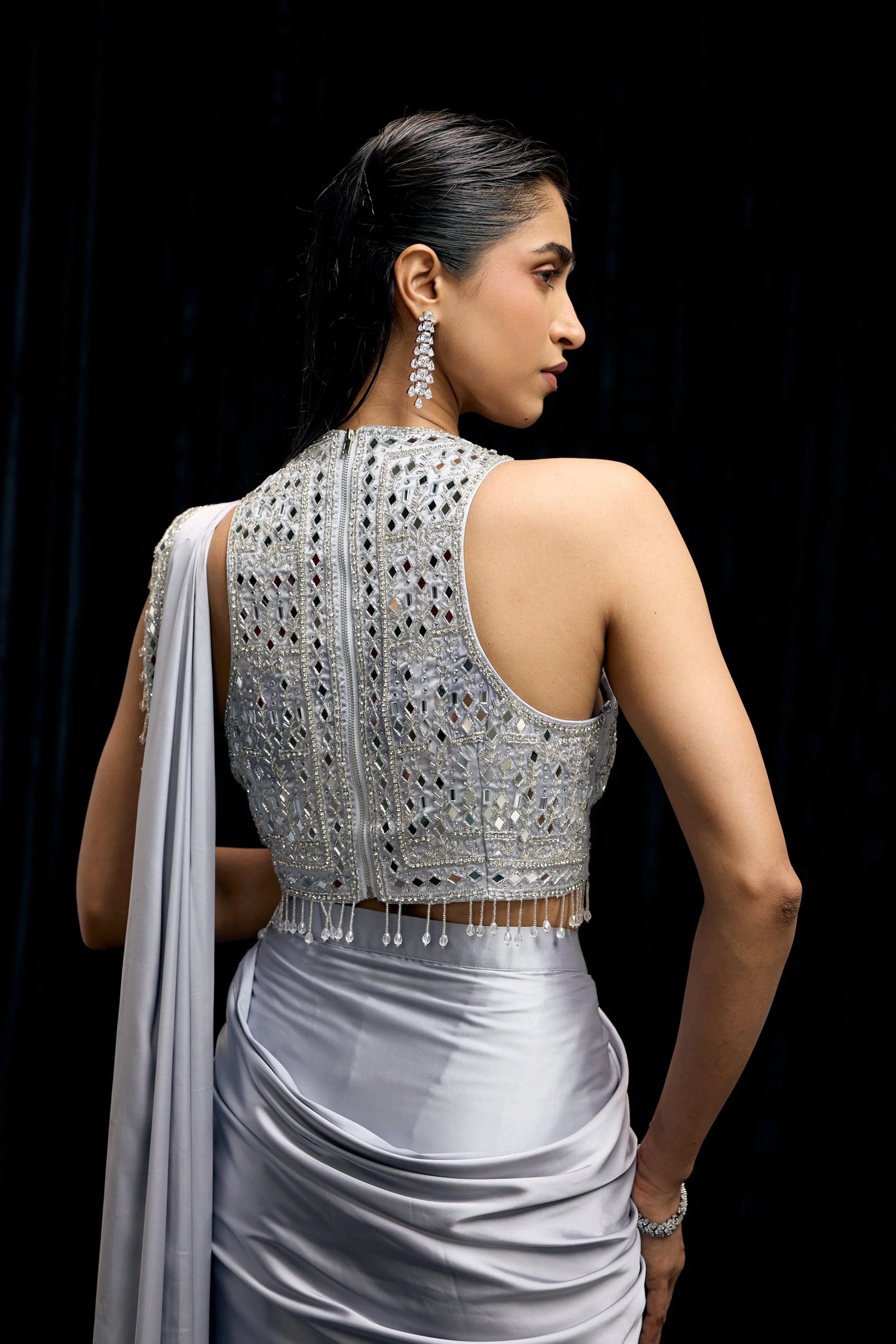 Icy Blue Embellished Satin Silk Draped Saree - Image 8