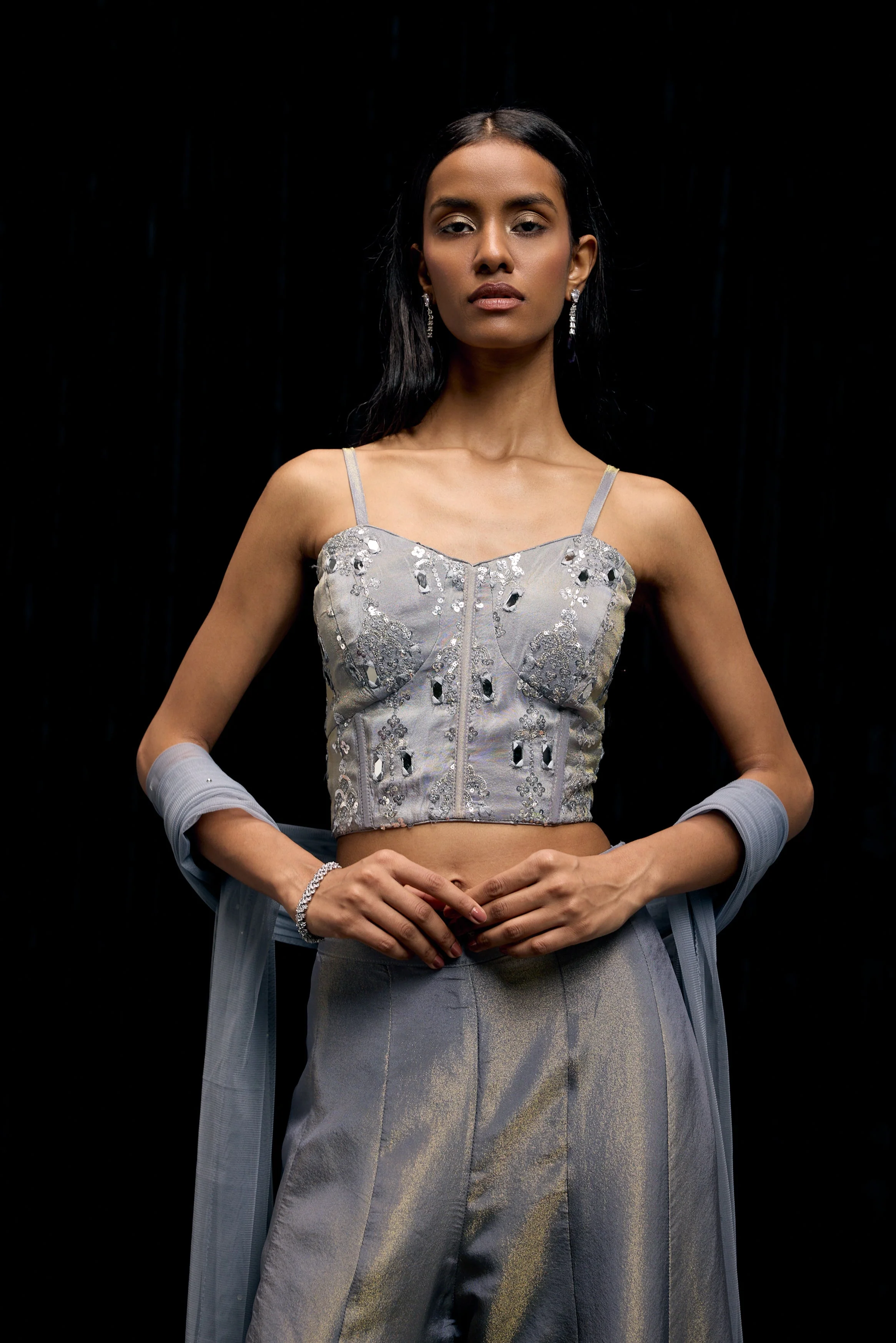 Icy Gray Embellished Shimmer Tissue Silk Palazzo Set - Image 3