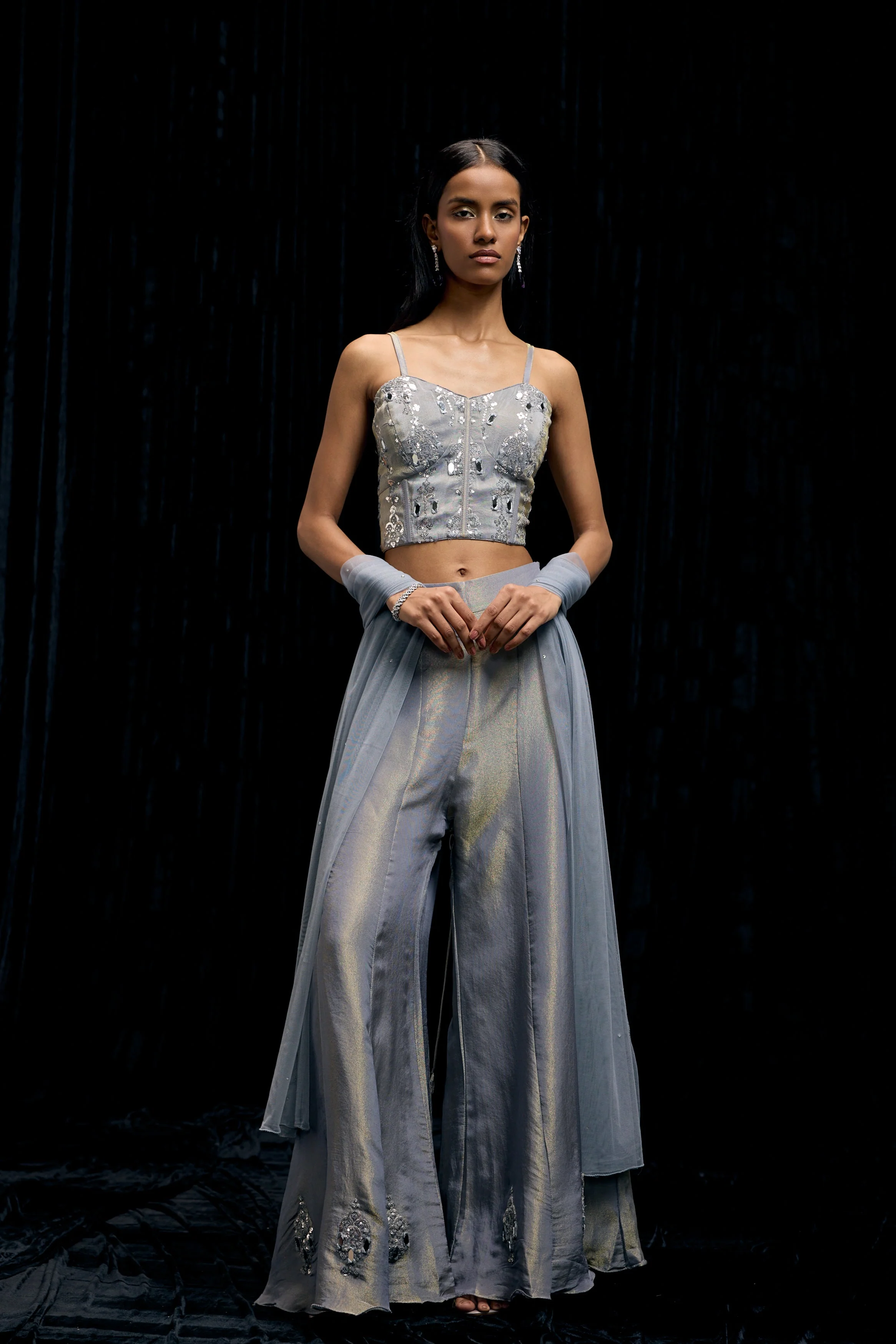 Icy Gray Embellished Shimmer Tissue Silk Palazzo Set - Image 4