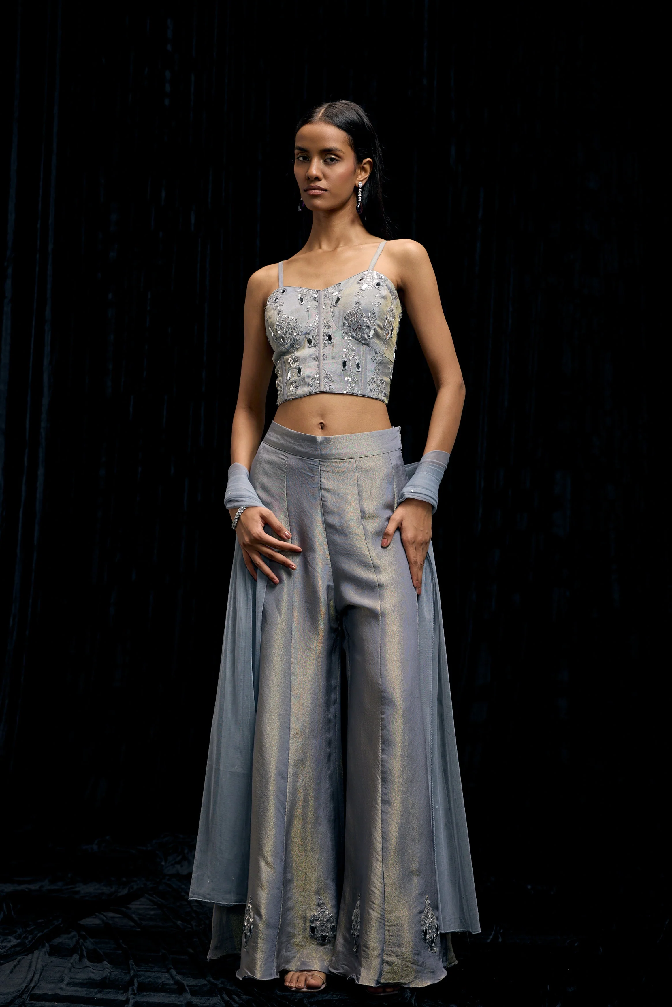 Icy Gray Embellished Shimmer Tissue Silk Palazzo Set - Image 5