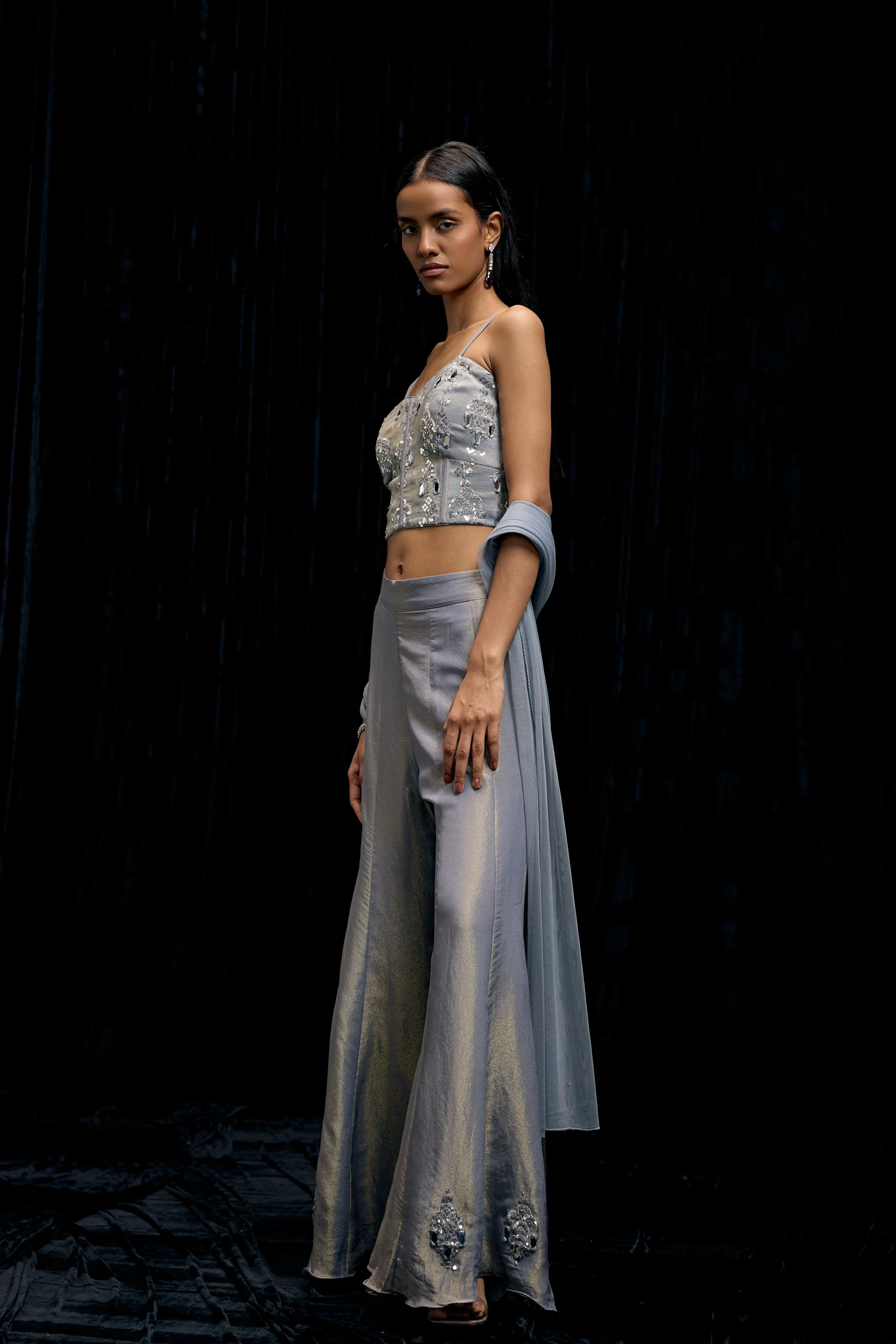 Icy Gray Embellished Shimmer Tissue Silk Palazzo Set - Image 7
