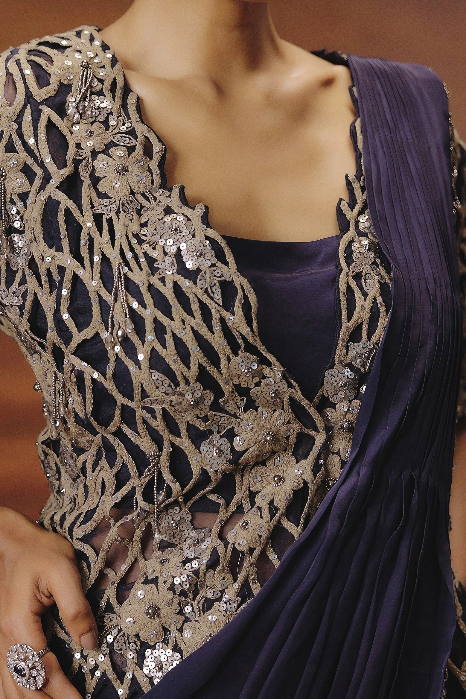 Imperial Blue Embellished Satin Silk Drape Saree - Image 2
