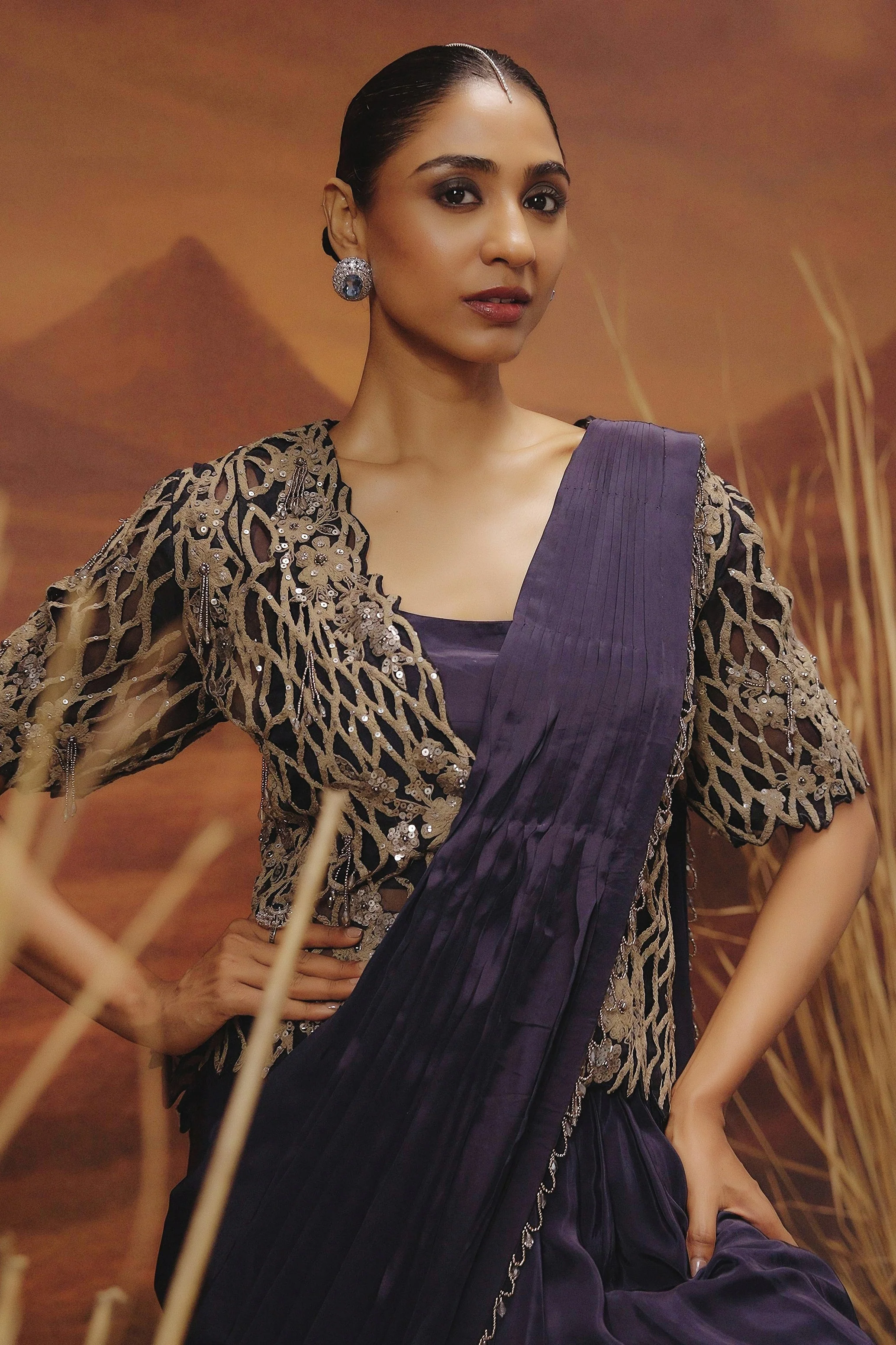 Imperial Blue Embellished Satin Silk Drape Saree - Image 3