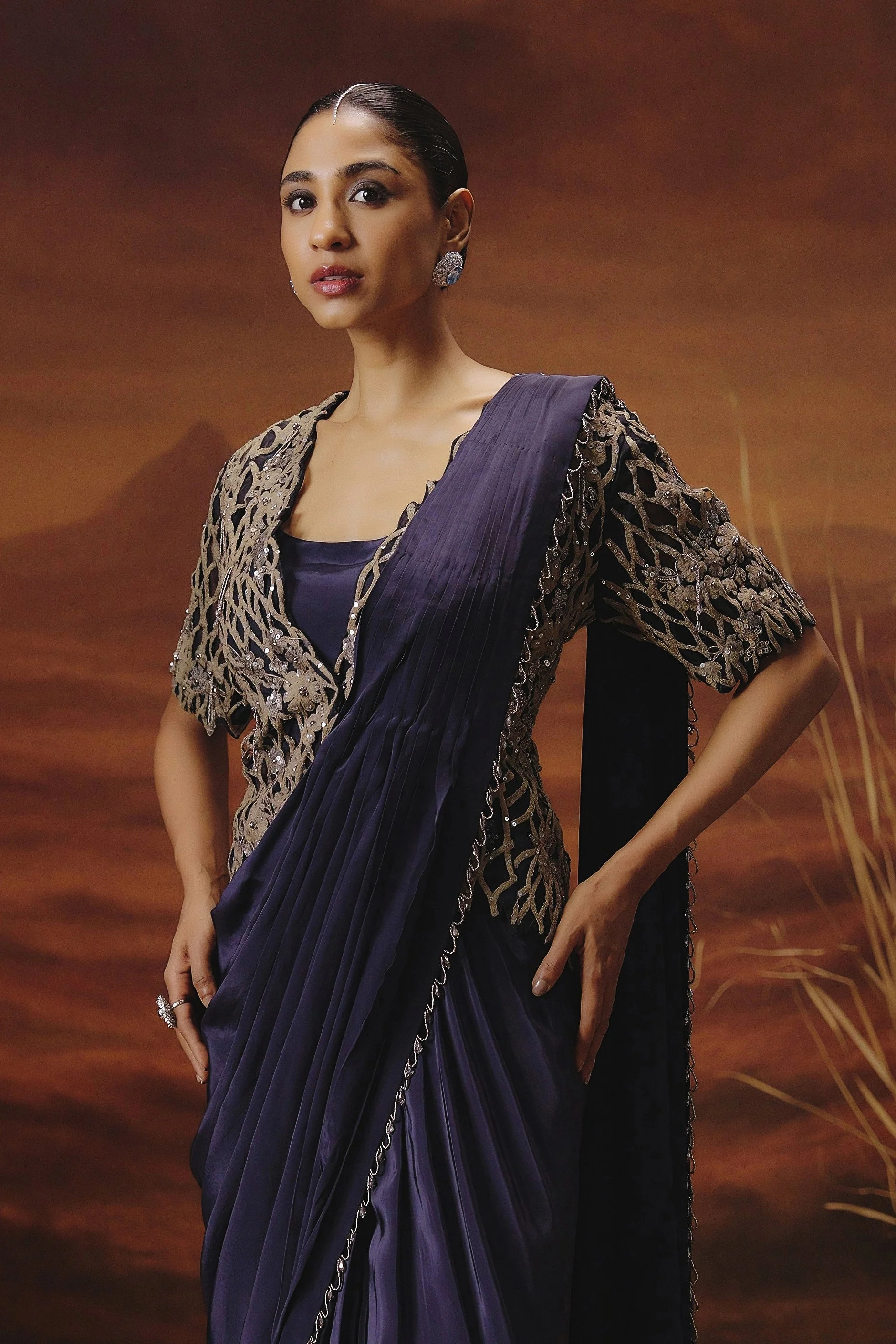 Imperial Blue Embellished Satin Silk Drape Saree - Image 4