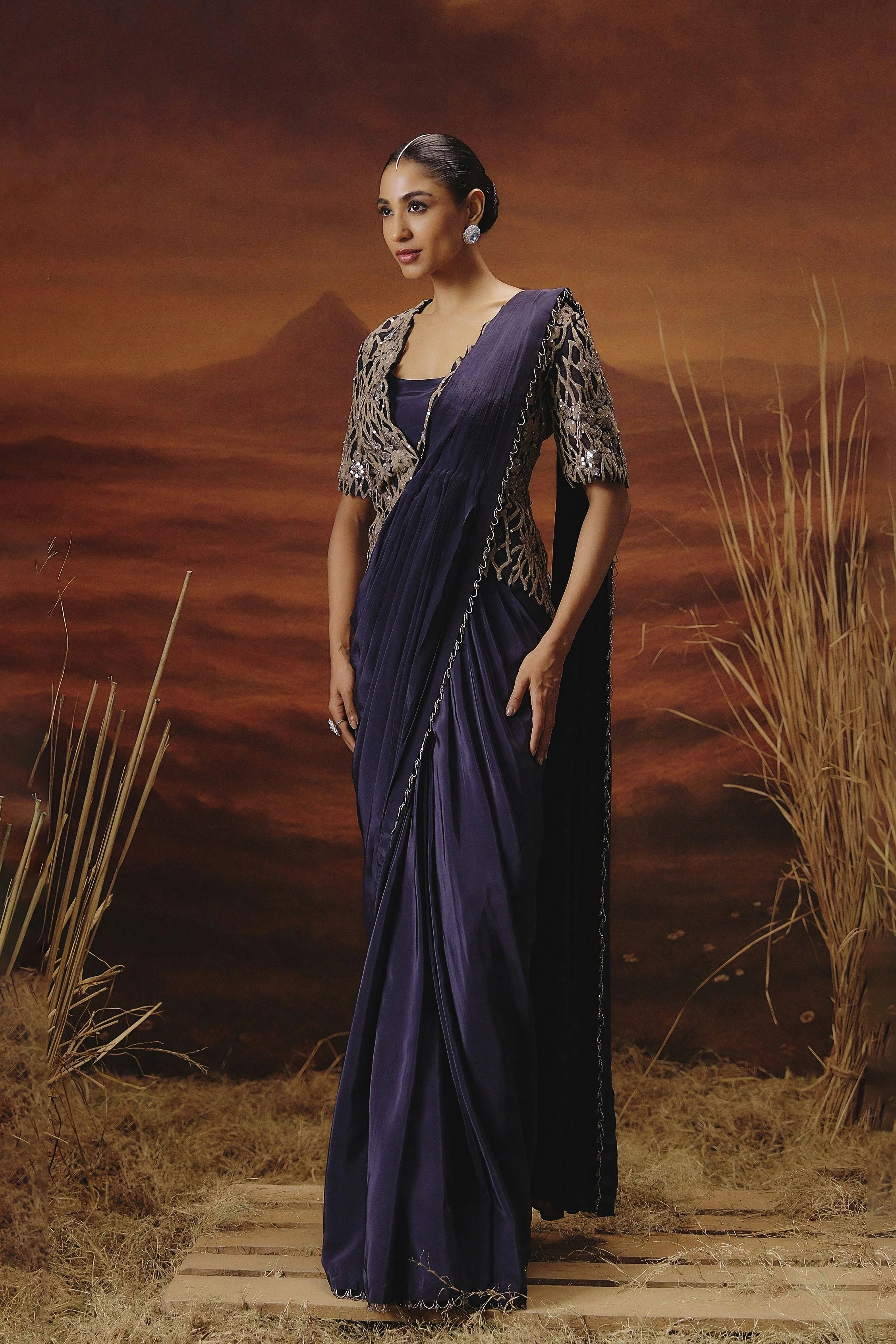 Imperial Blue Embellished Satin Silk Drape Saree - Image 5