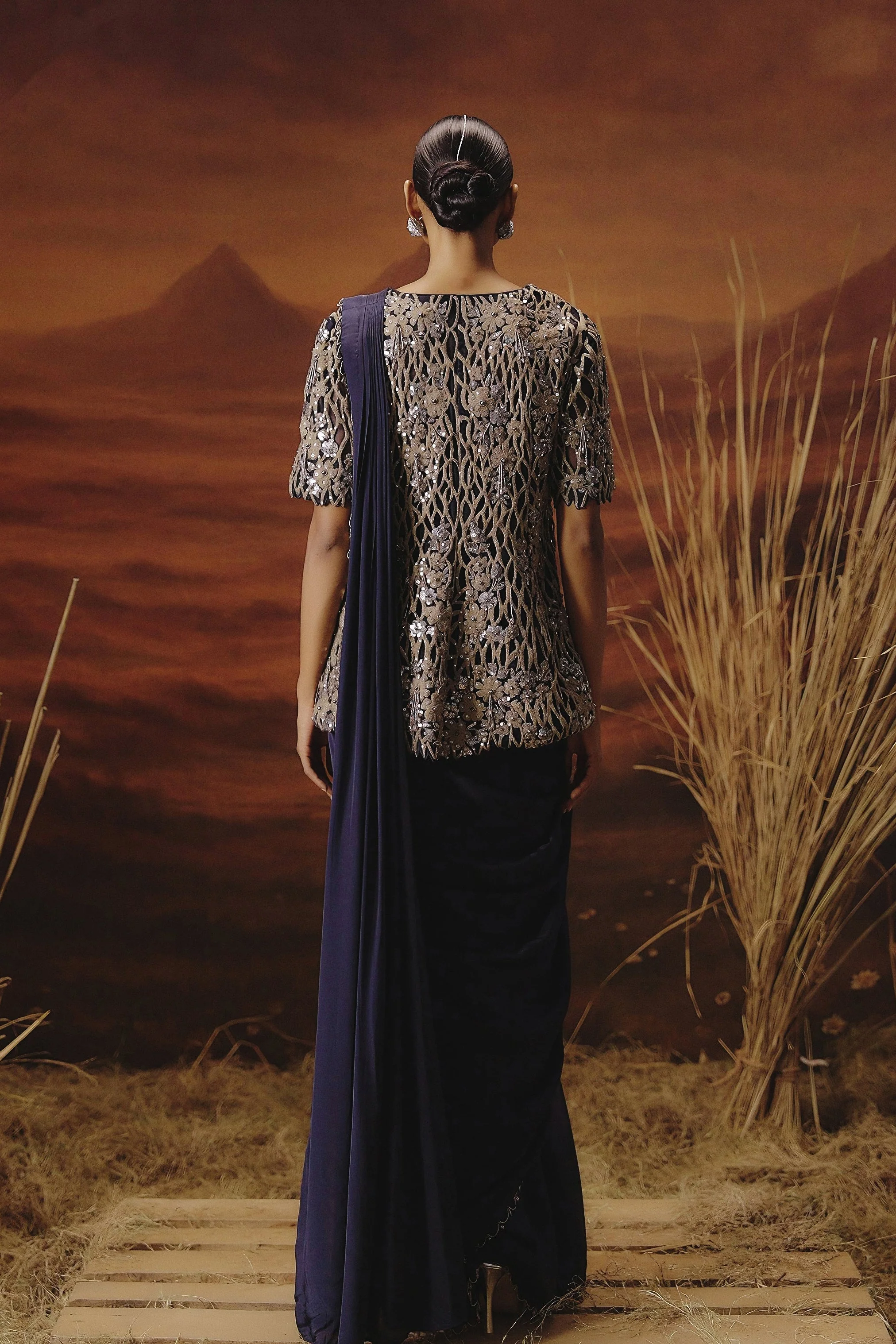 Imperial Blue Embellished Satin Silk Drape Saree - Image 6