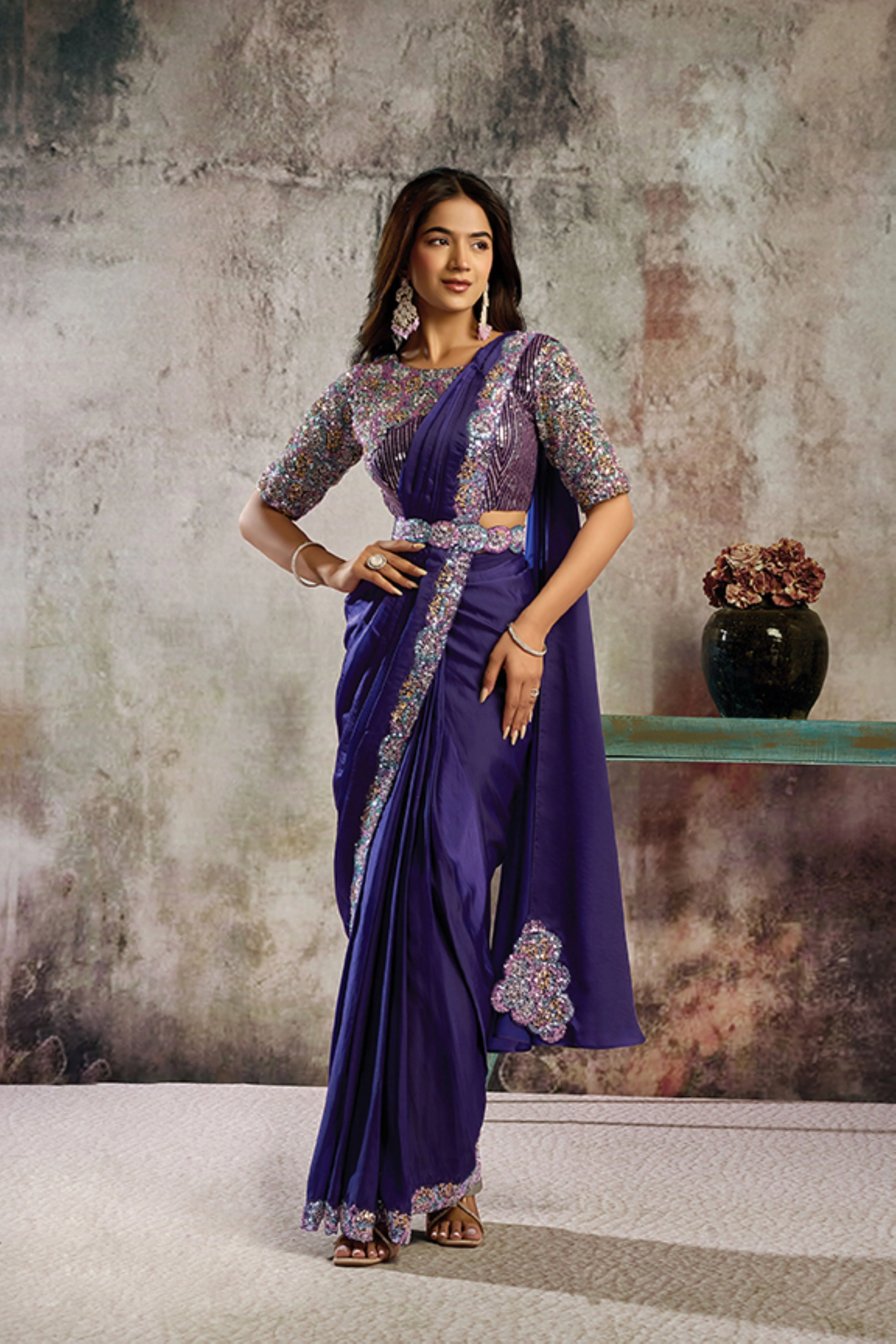 Imperial Indigo Embellished Satin Silk Draped Saree