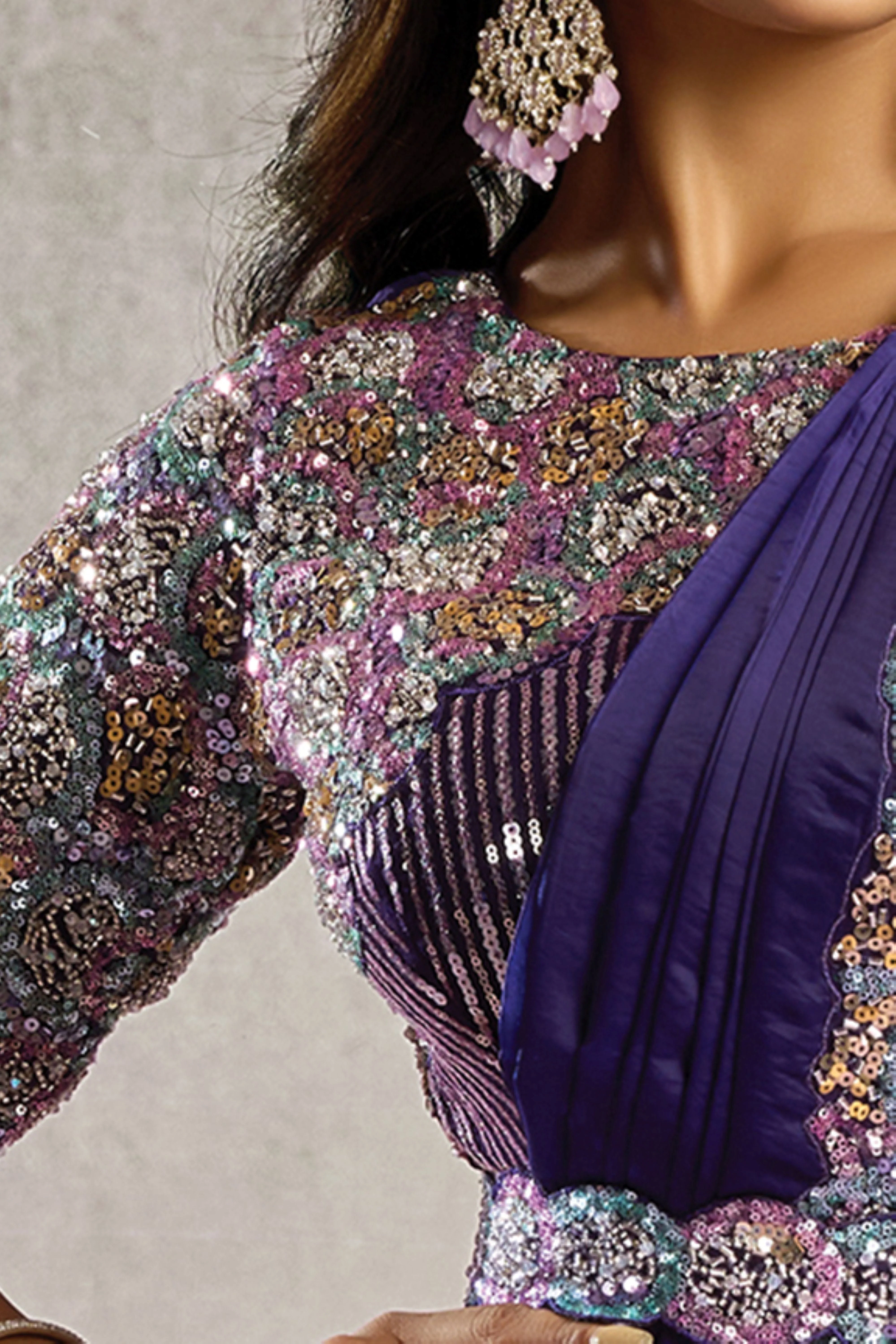 Imperial Indigo Embellished Satin Silk Draped Saree - Image 2