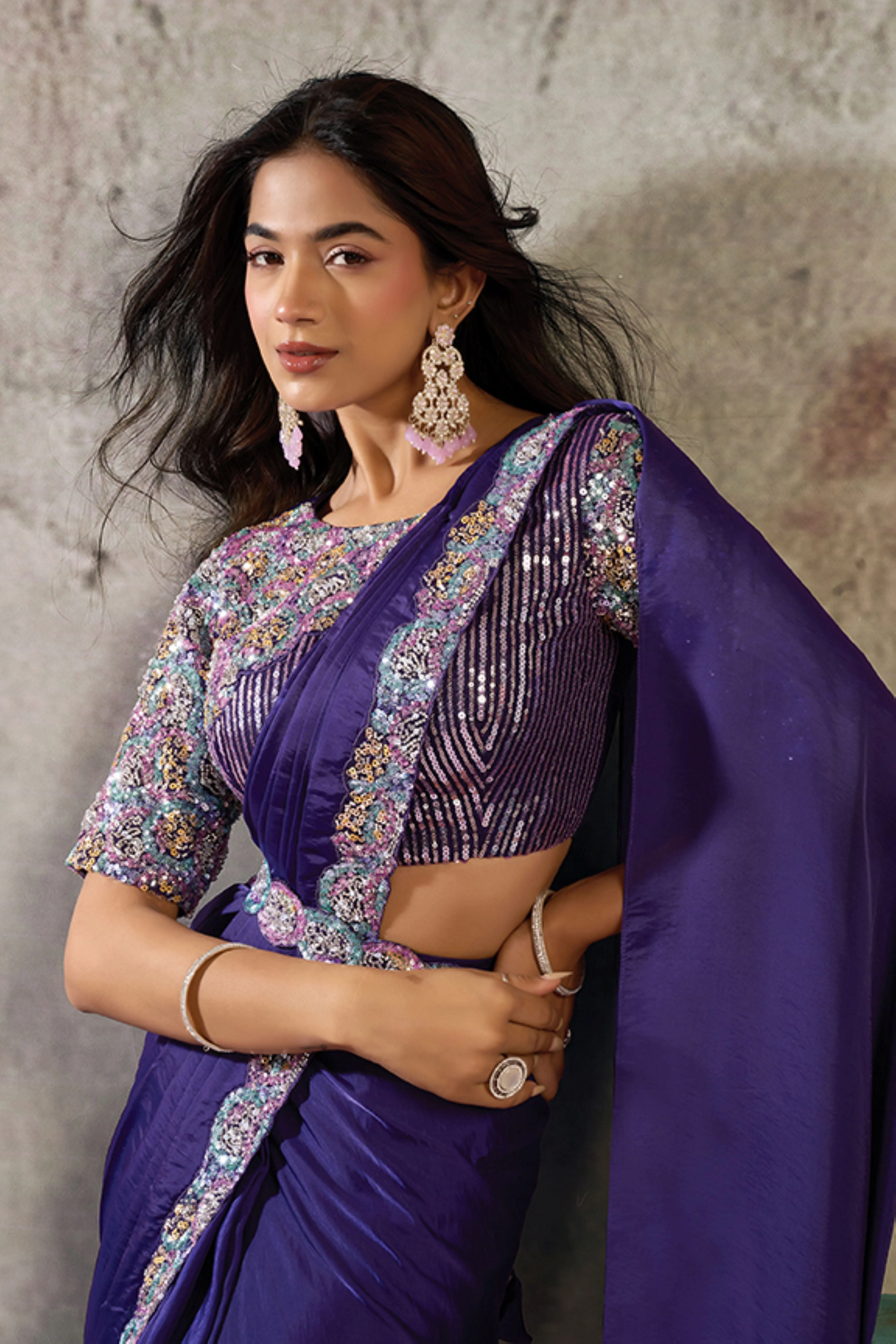 Imperial Indigo Embellished Satin Silk Draped Saree - Image 3