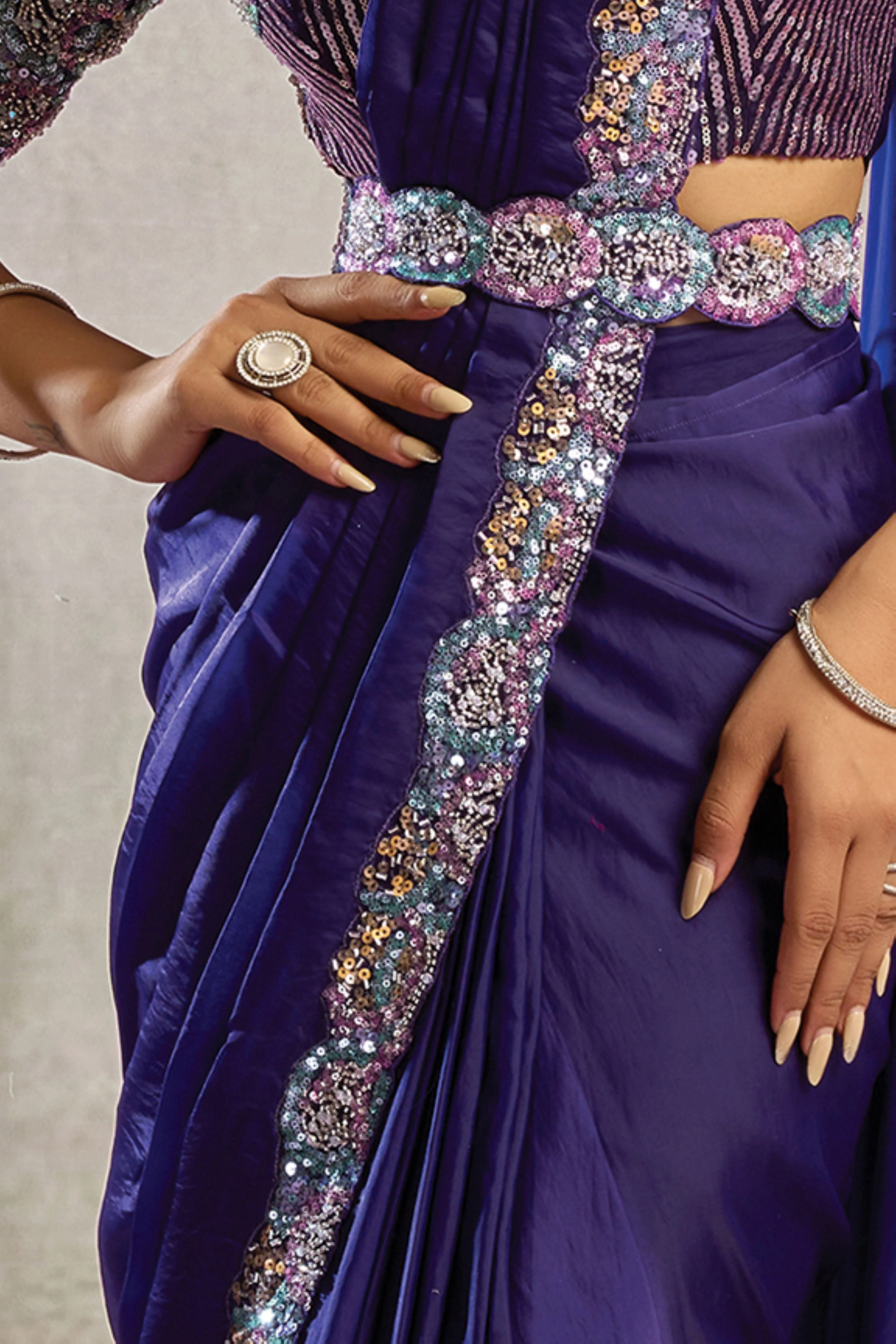 Imperial Indigo Embellished Satin Silk Draped Saree - Image 4