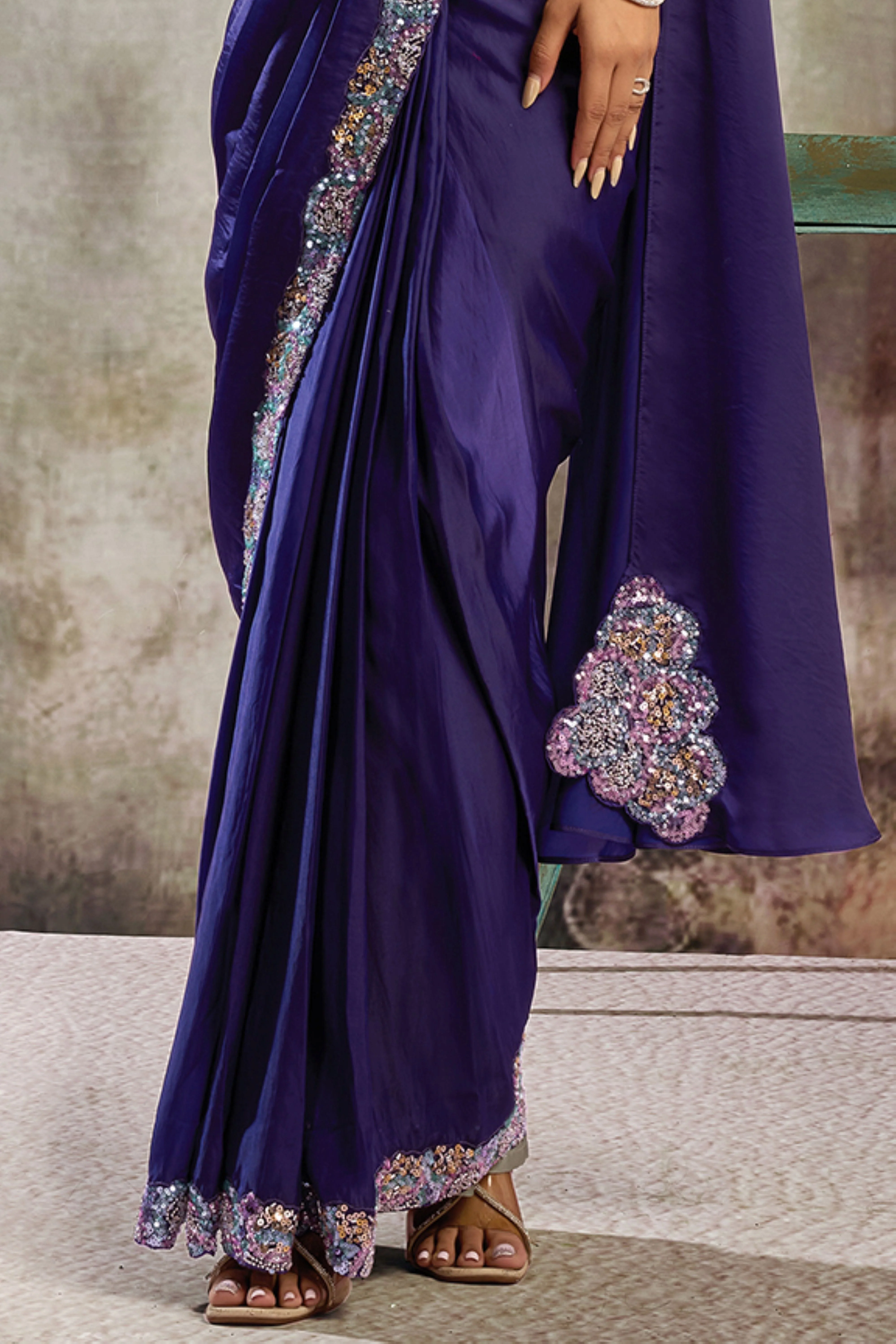 Imperial Indigo Embellished Satin Silk Draped Saree - Image 5