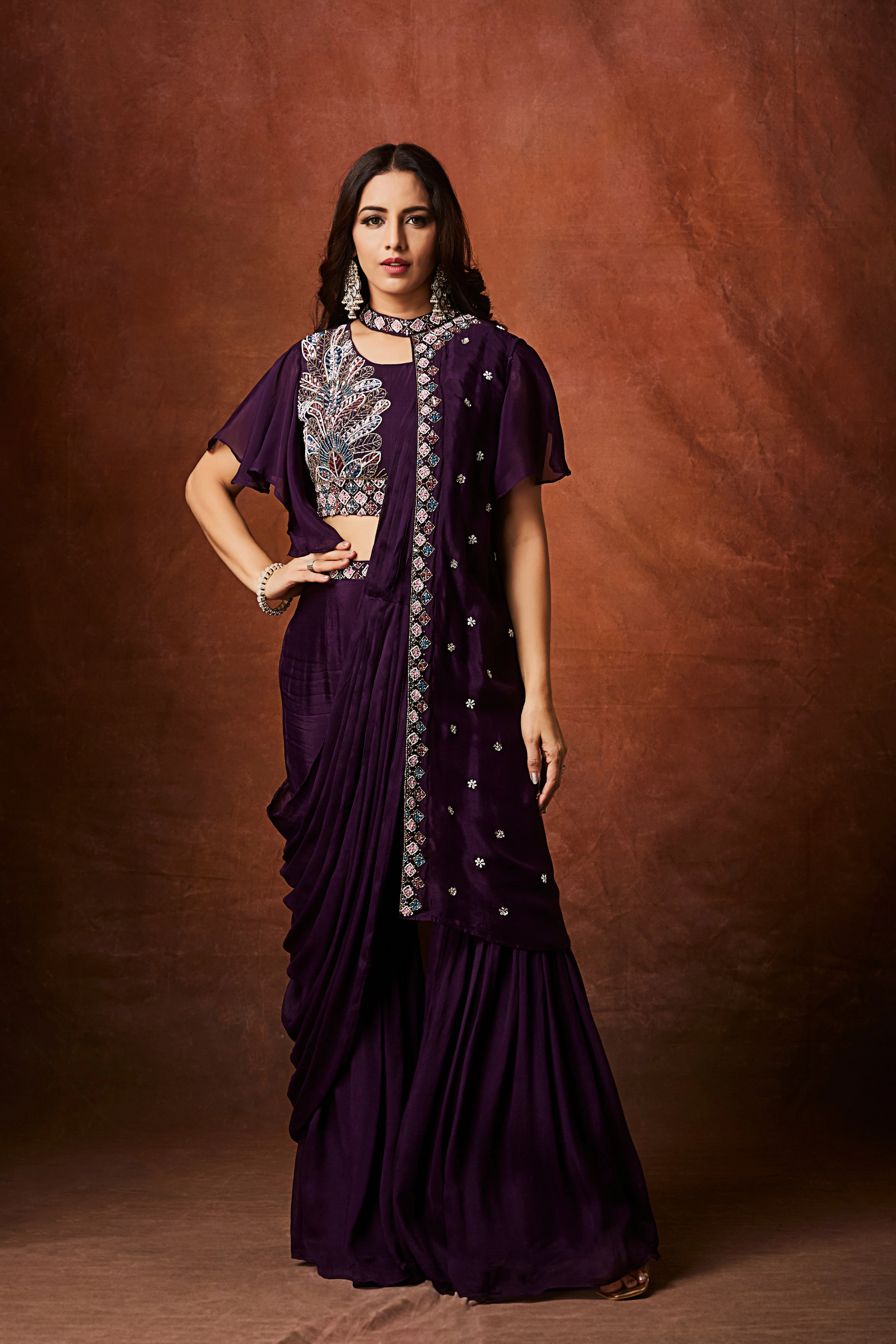 Imperial Plum Embellished Chinon Silk Palazzo Set - Image 2