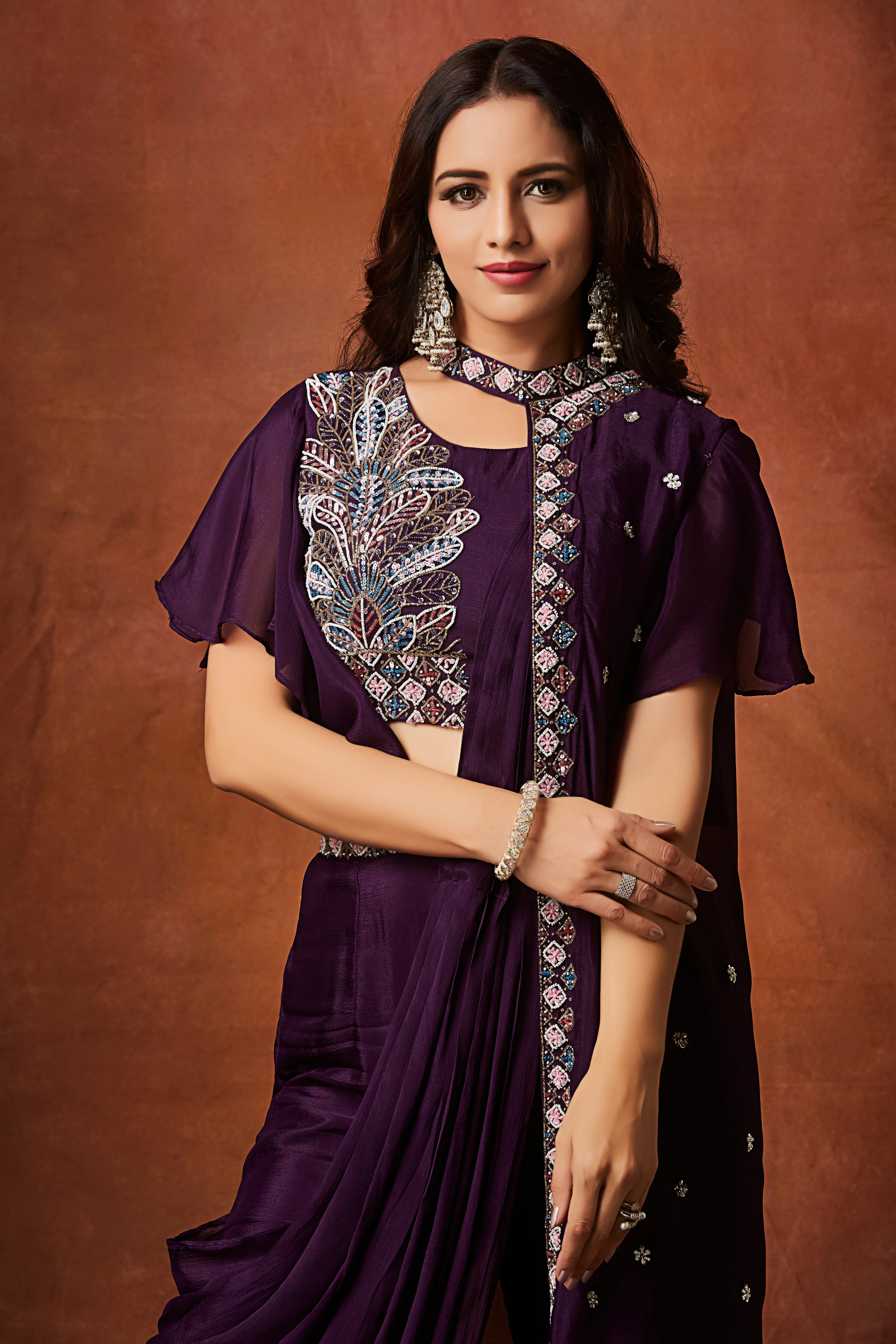 Imperial Plum Embellished Chinon Silk Palazzo Set - Image 3