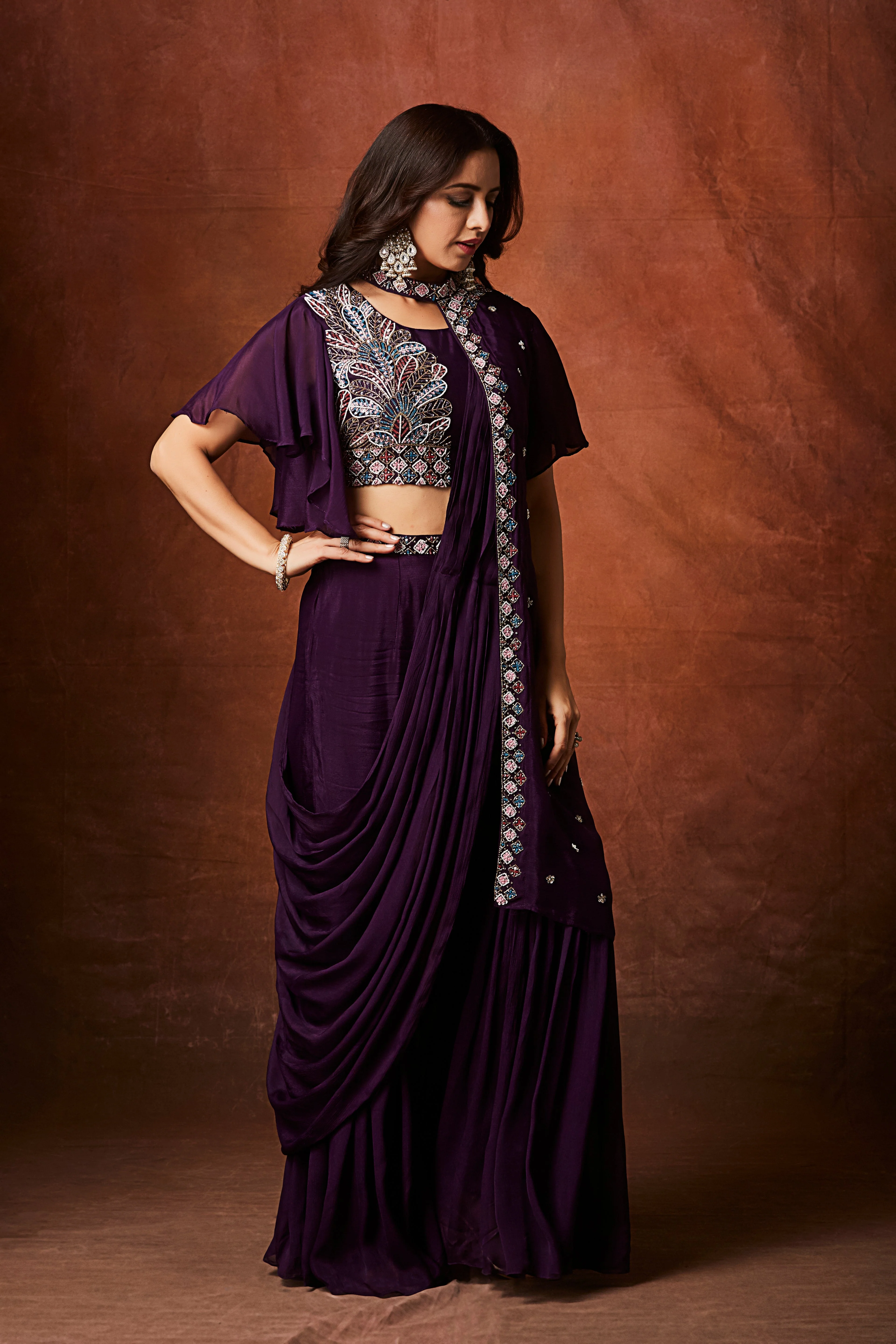 Imperial Plum Embellished Chinon Silk Palazzo Set - Image 4