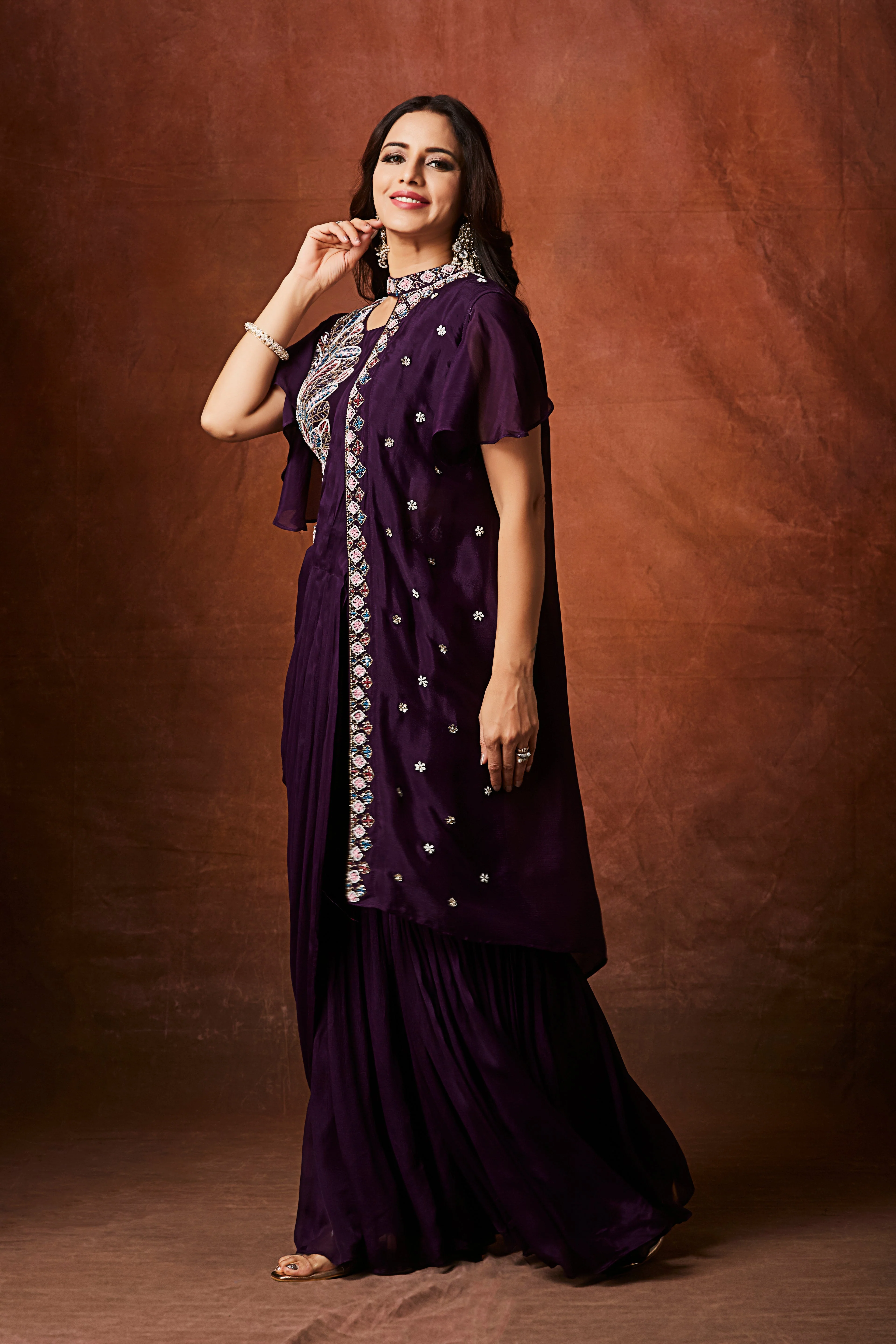 Imperial Plum Embellished Chinon Silk Palazzo Set - Image 5