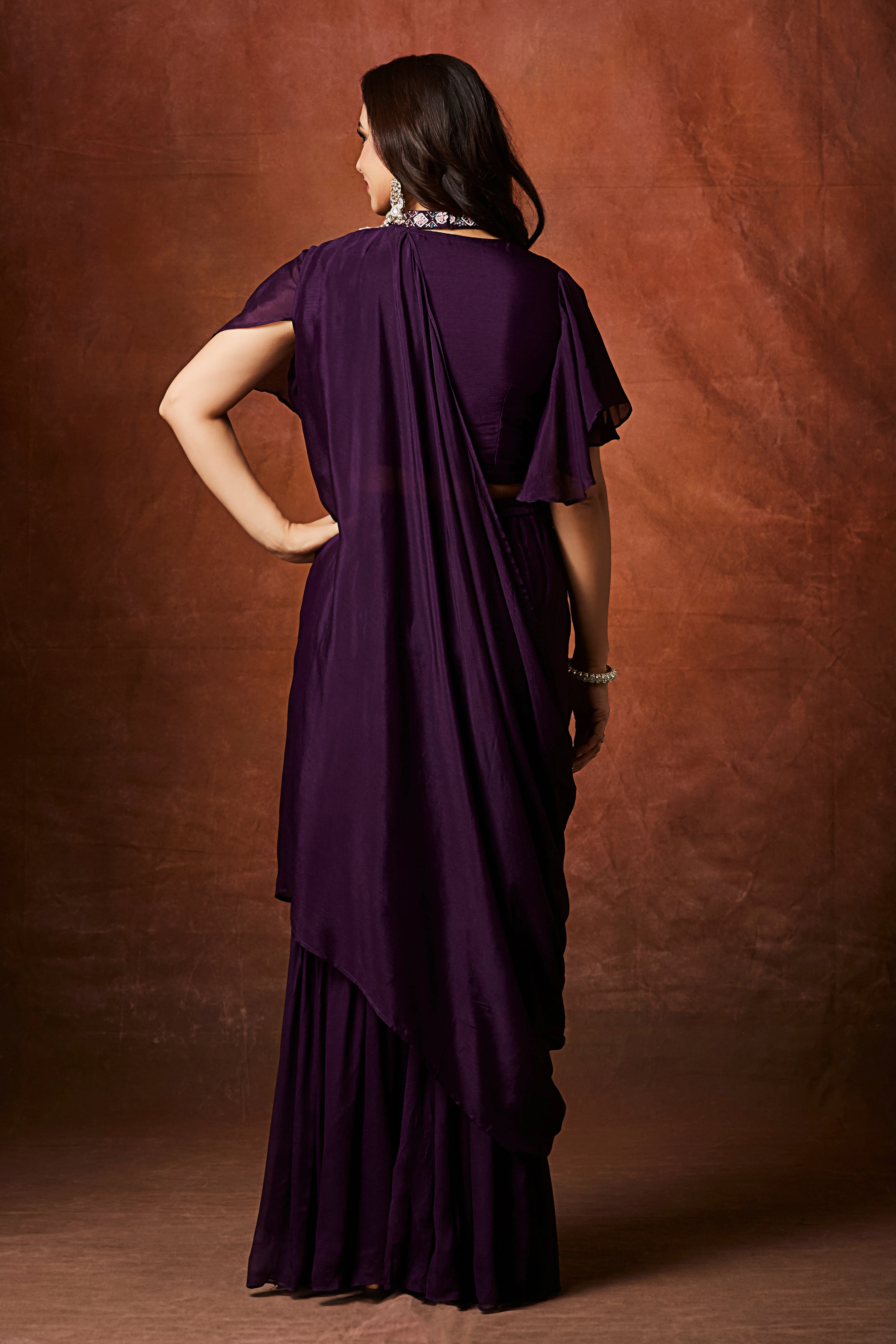 Imperial Plum Embellished Chinon Silk Palazzo Set - Image 6
