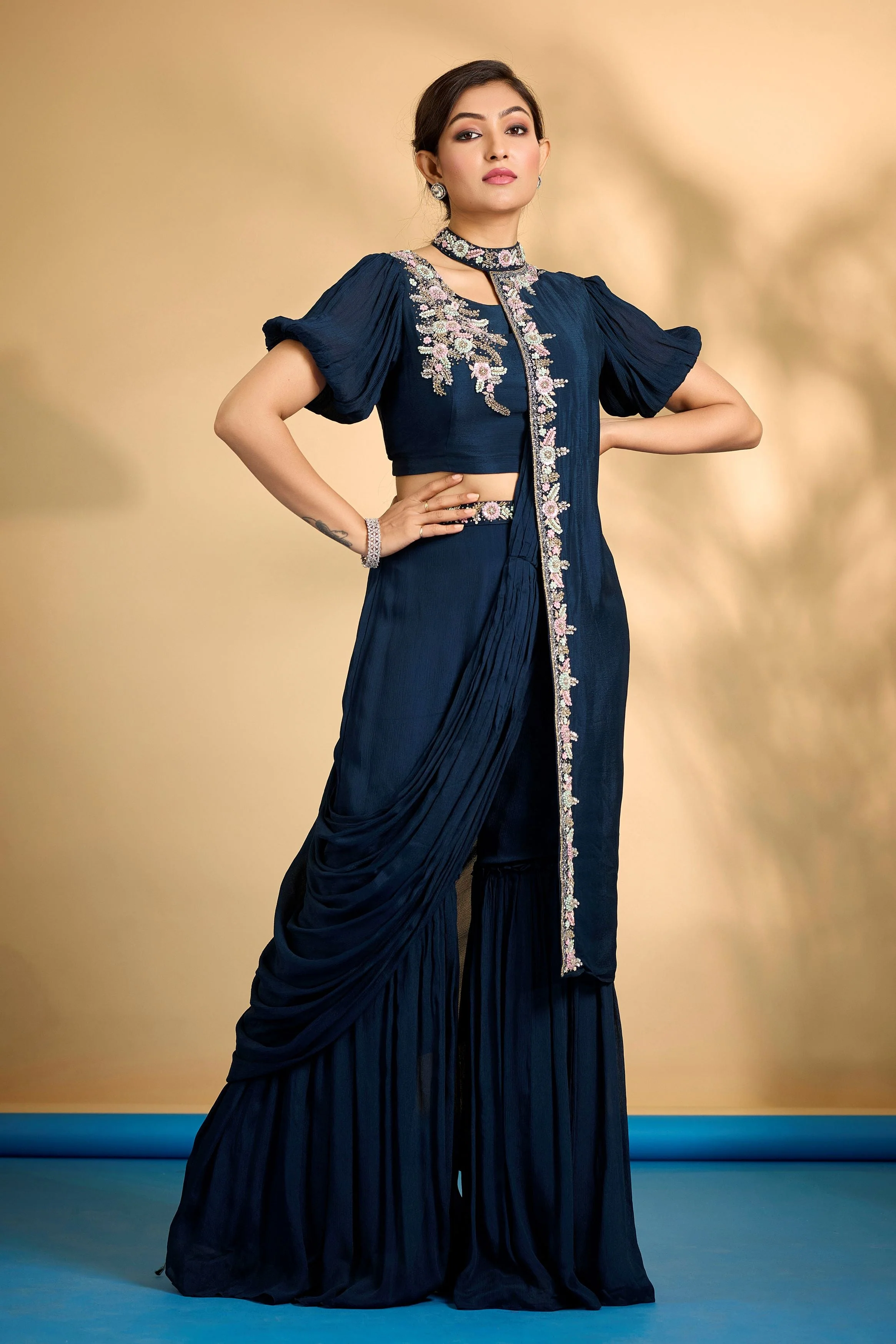 Dark Teal Embellished Chinon Silk Drape Crop Top Sharara Set - Image 3