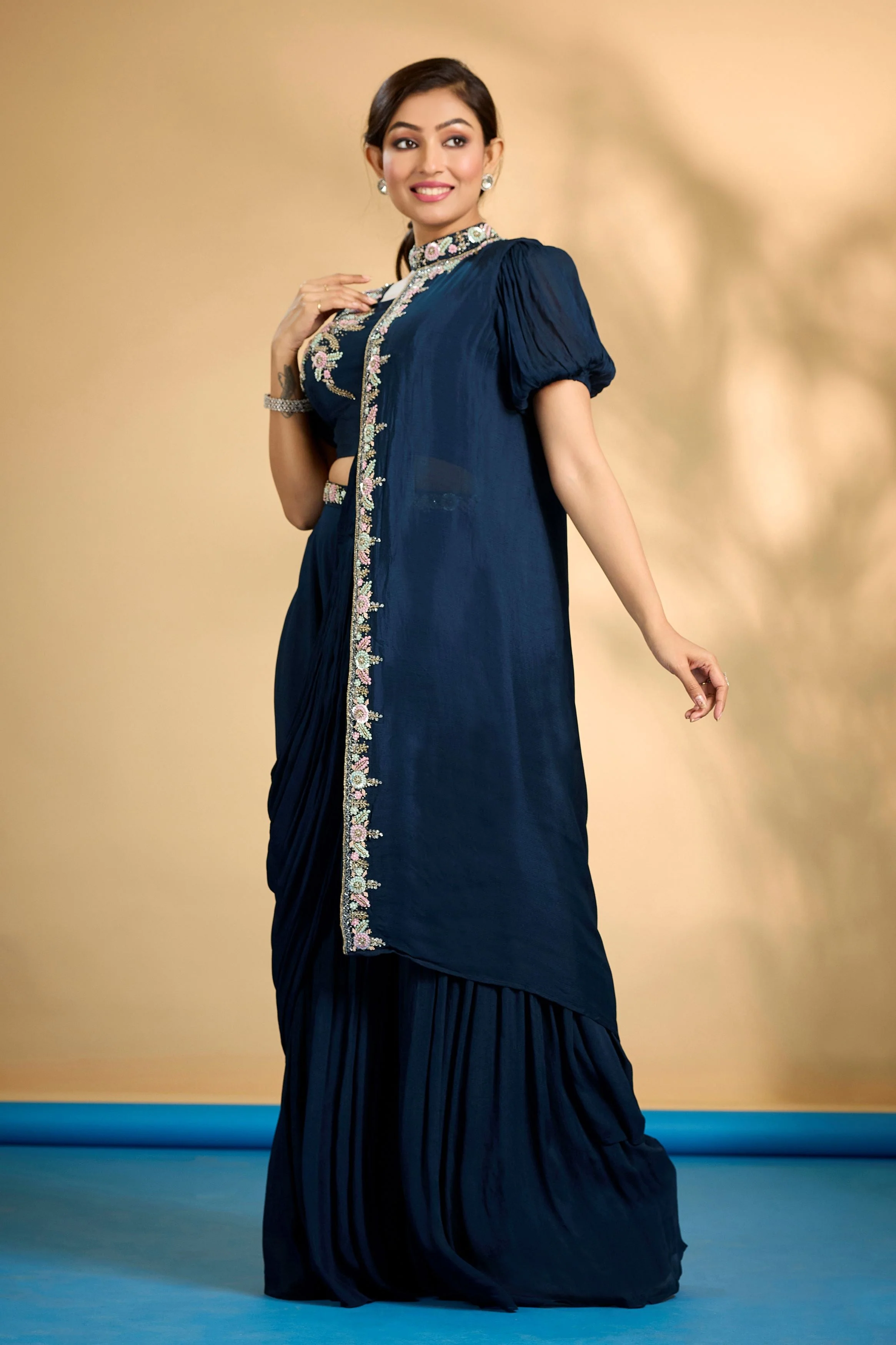 Dark Teal Embellished Chinon Silk Drape Crop Top Sharara Set - Image 4