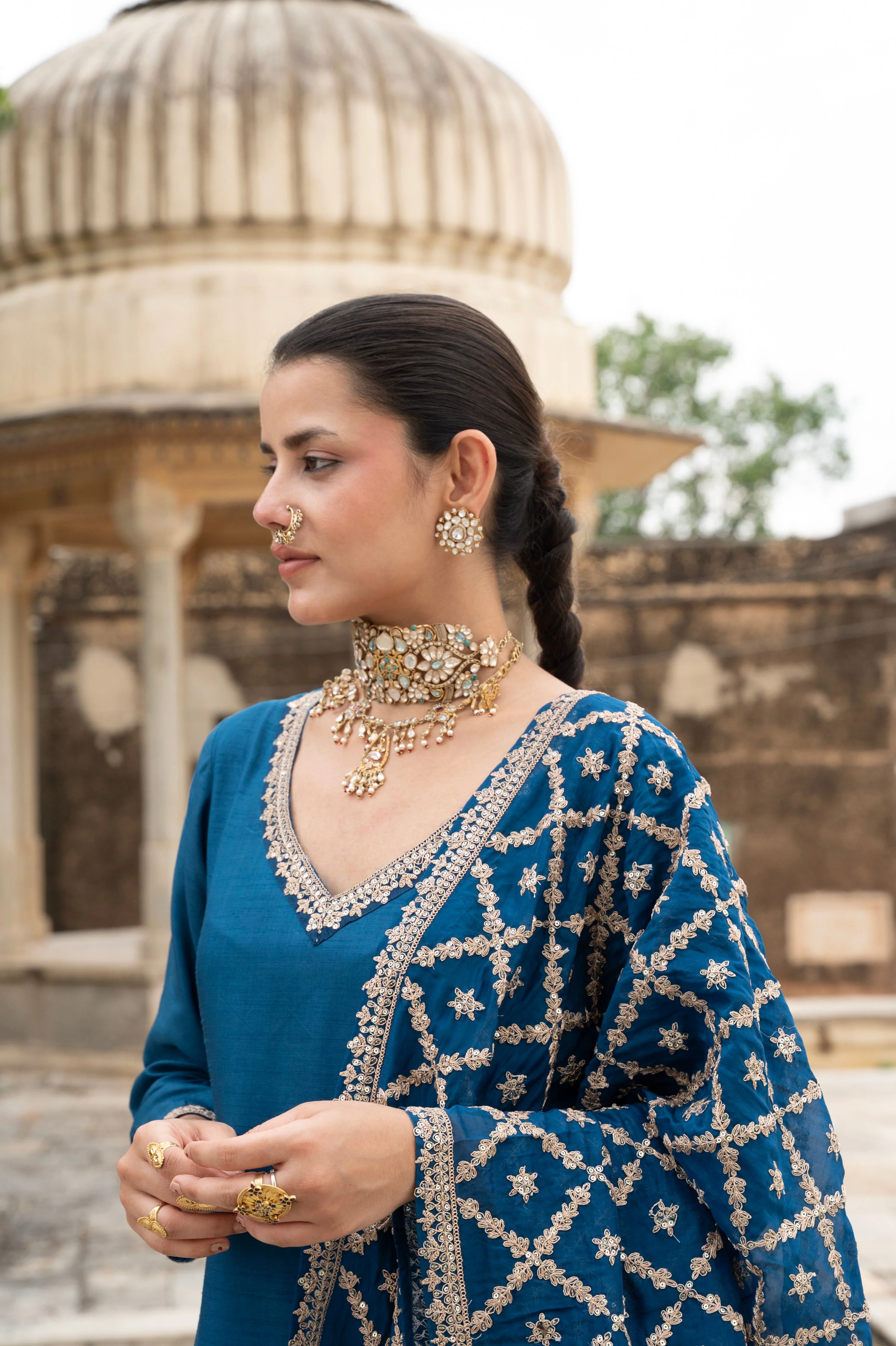 Indigo Blue Embellished Dola Silk Pant Set - Image 2