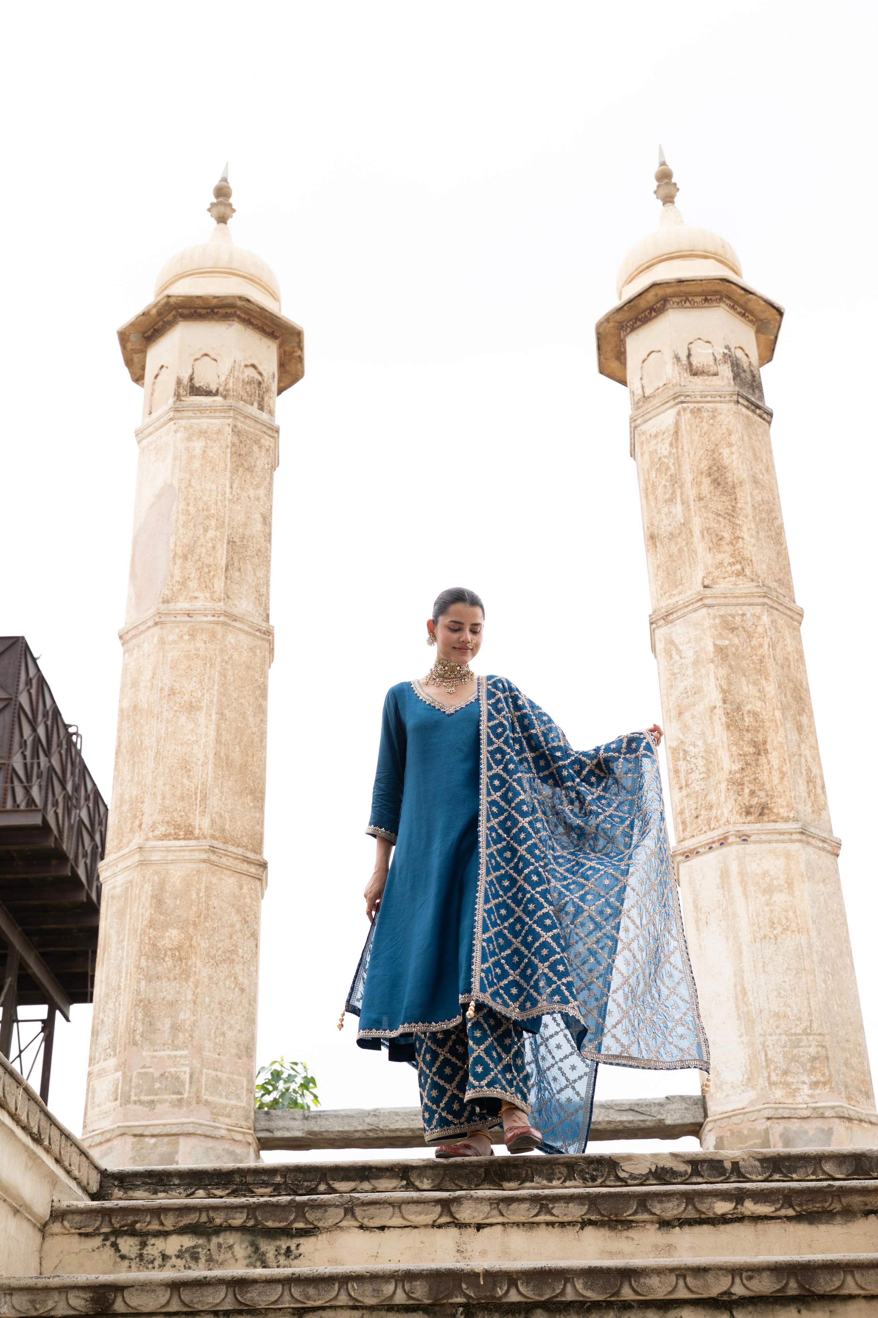 Indigo Blue Embellished Dola Silk Pant Set - Image 4