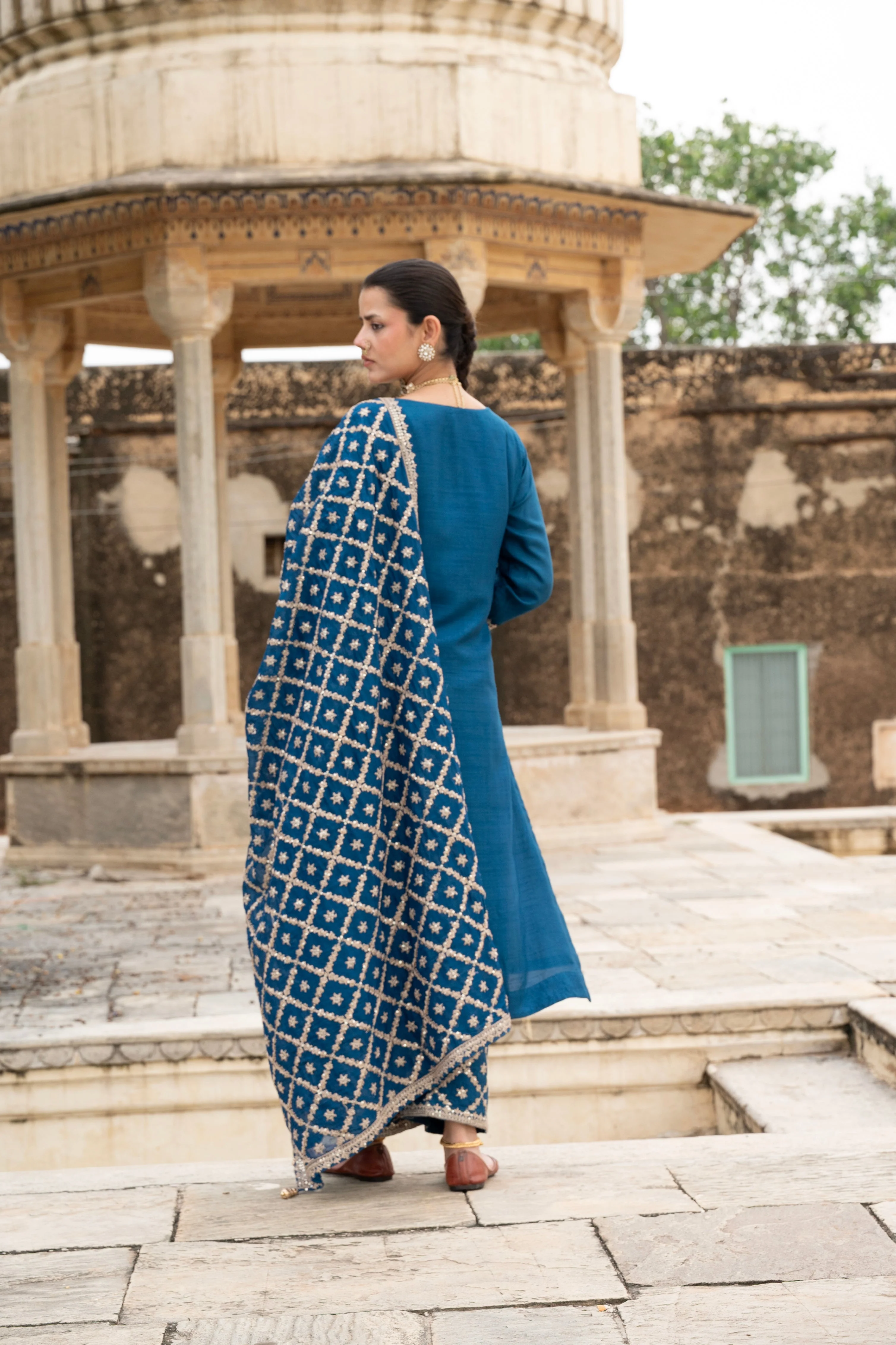 Indigo Blue Embellished Dola Silk Pant Set - Image 5