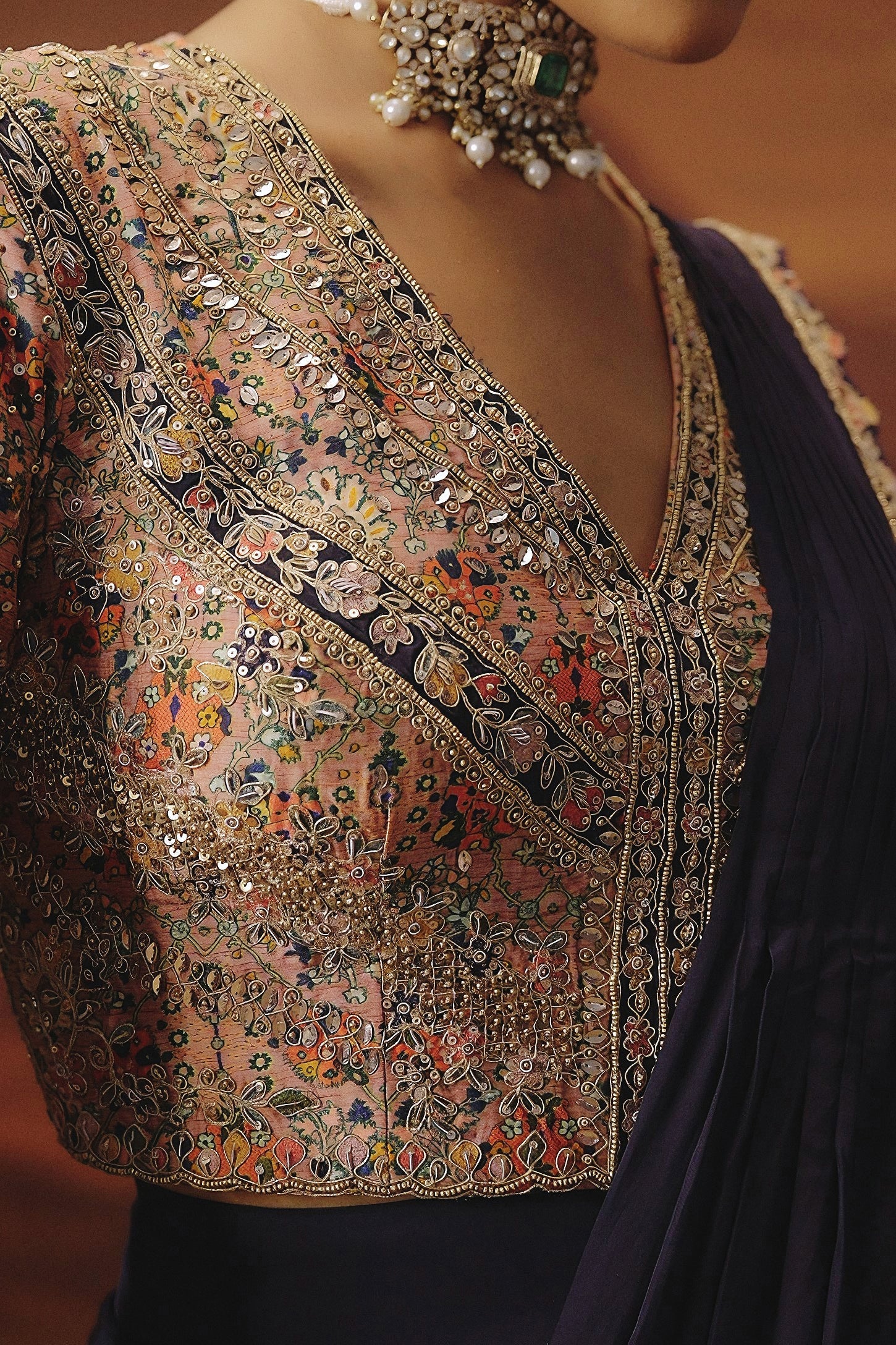 Indigo Blue Embellished Satin Silk Drape Saree - Image 2