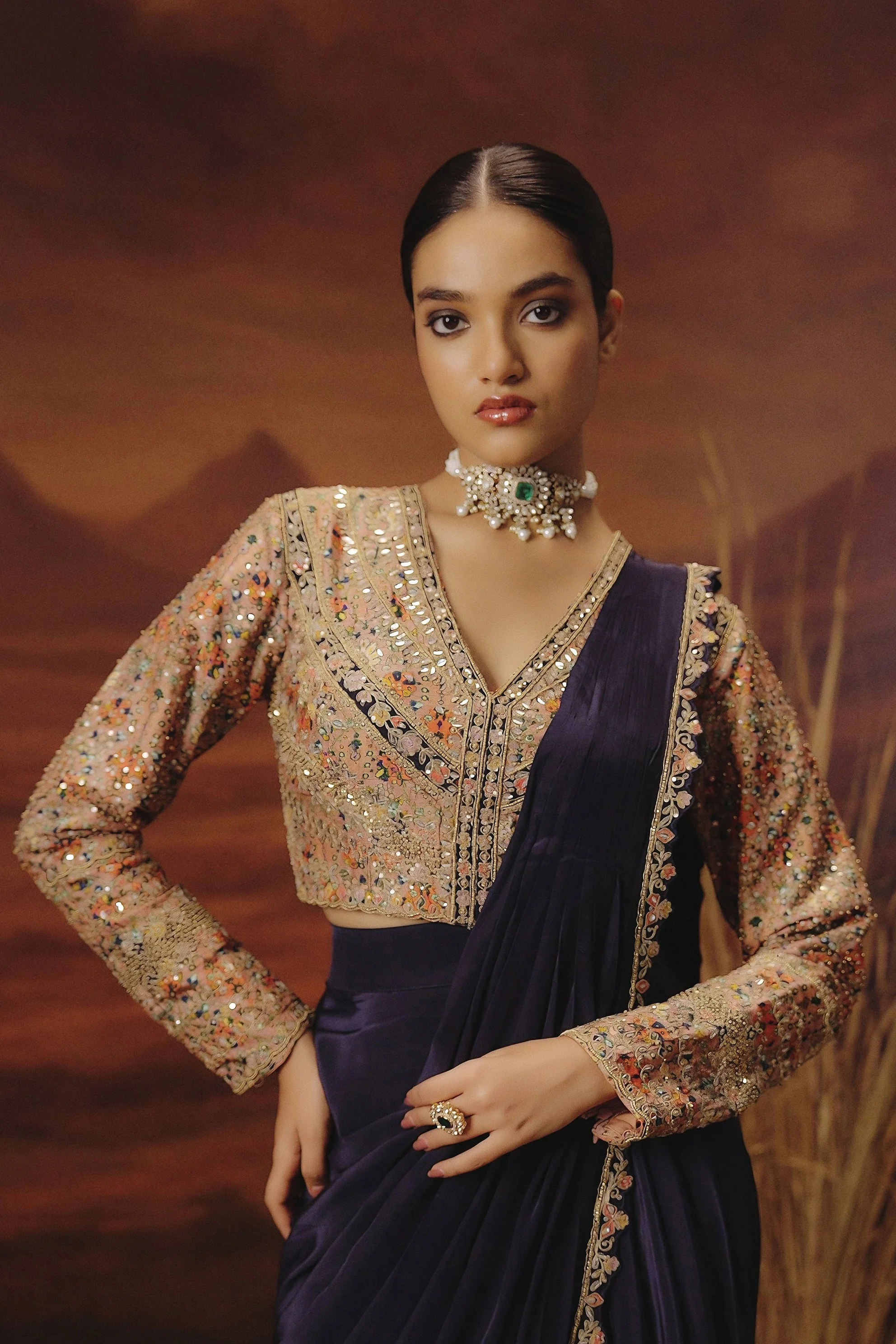 Indigo Blue Embellished Satin Silk Drape Saree - Image 3