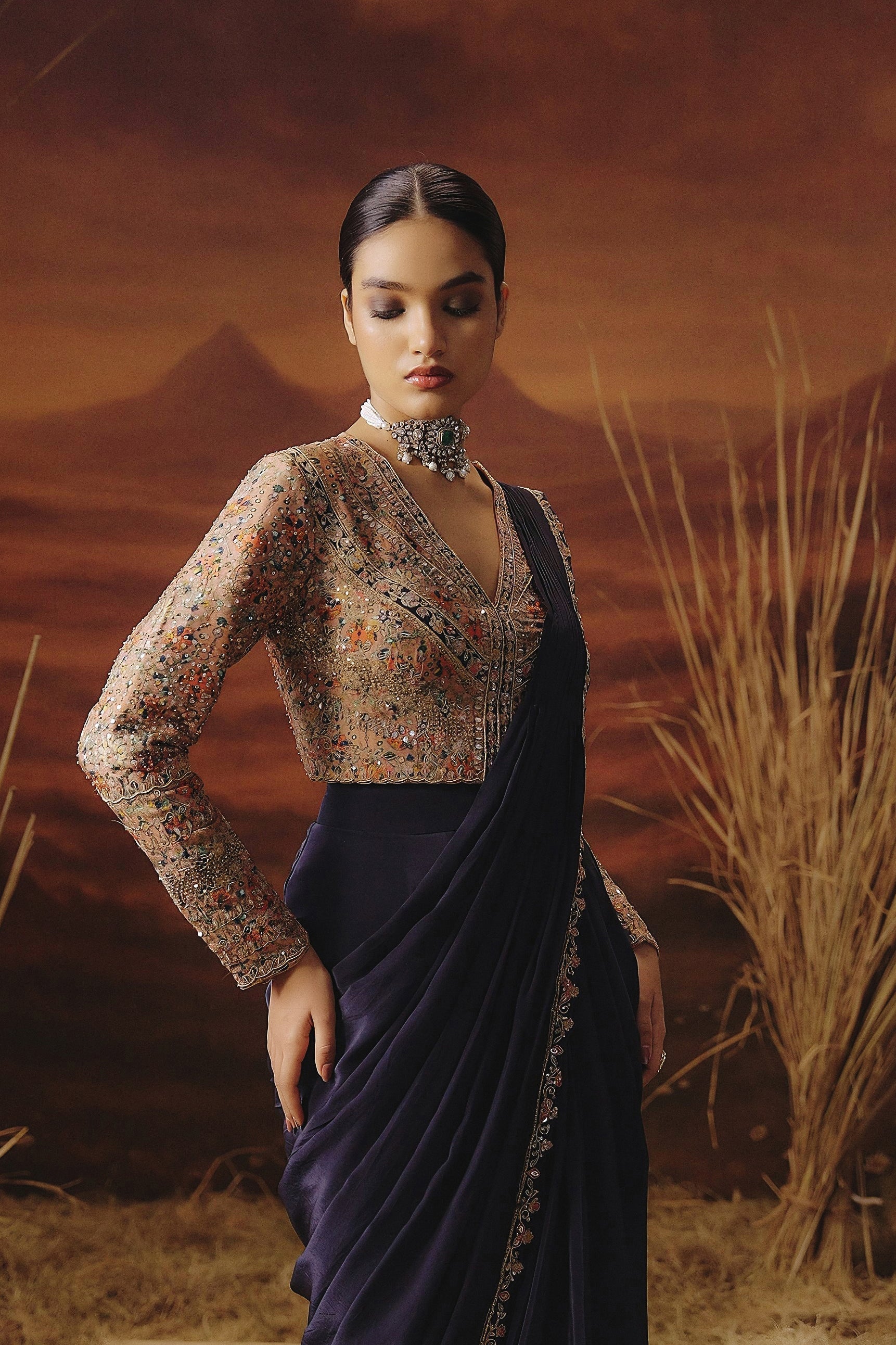 Indigo Blue Embellished Satin Silk Drape Saree - Image 4
