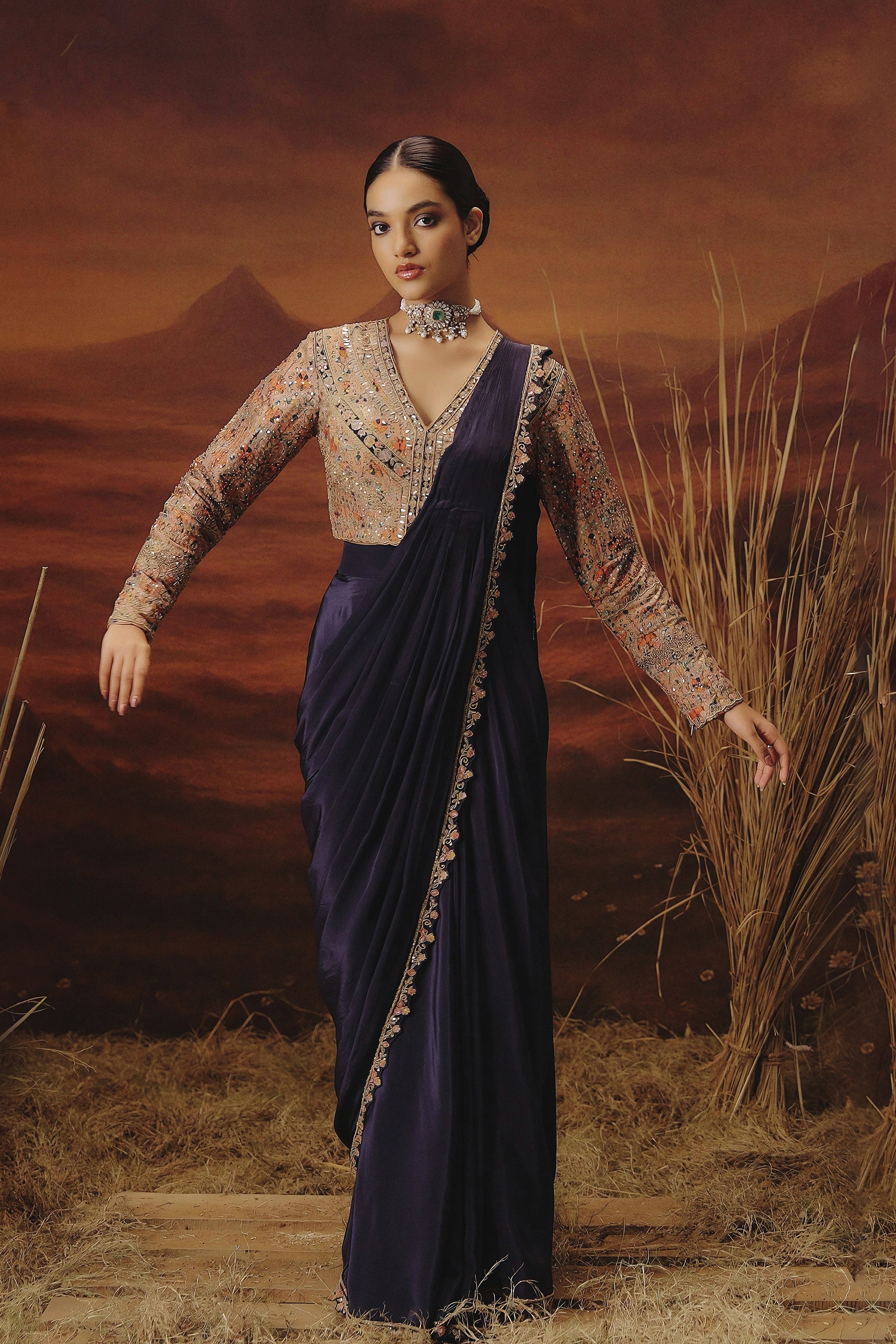 Indigo Blue Embellished Satin Silk Drape Saree - Image 5