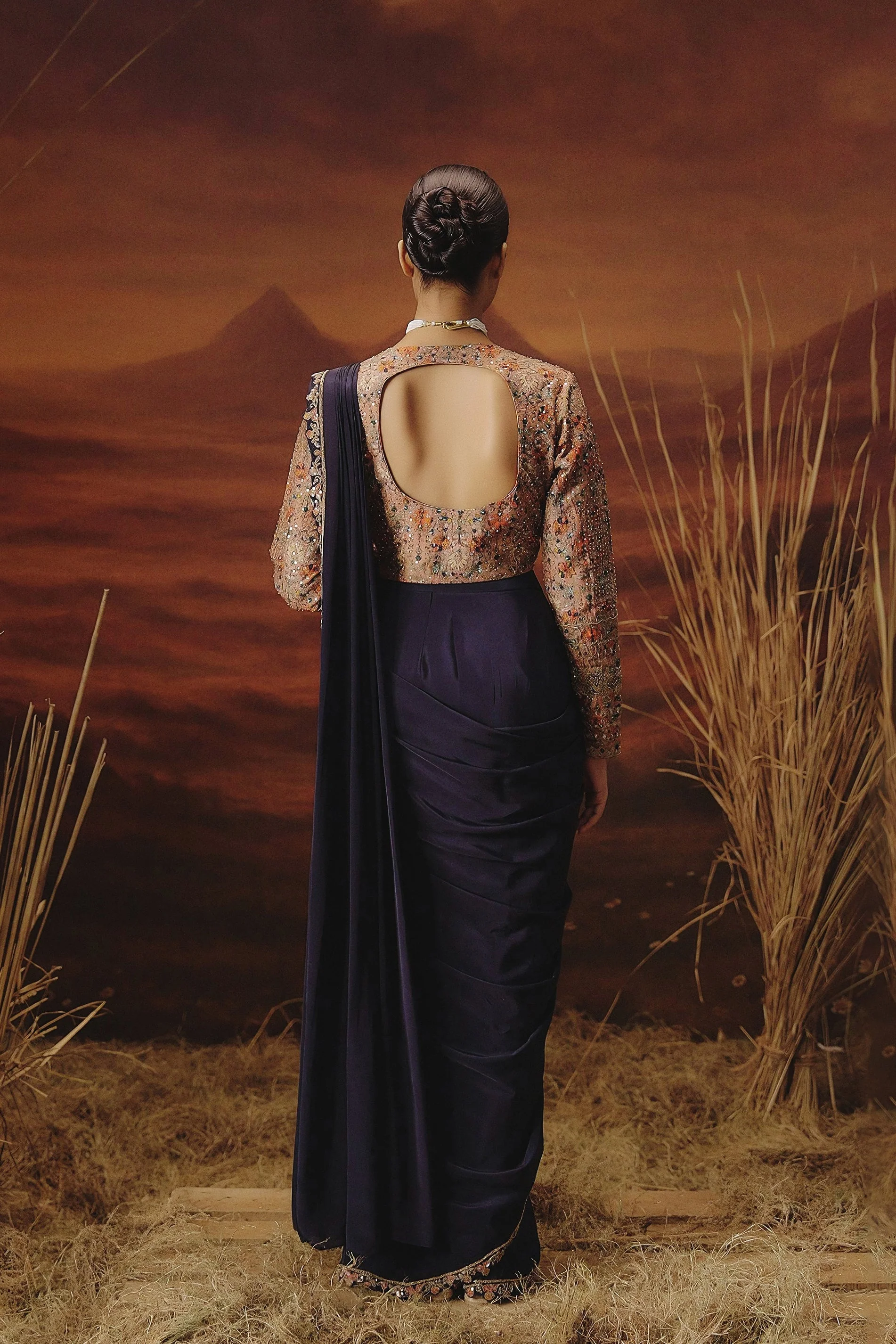 Indigo Blue Embellished Satin Silk Drape Saree - Image 6