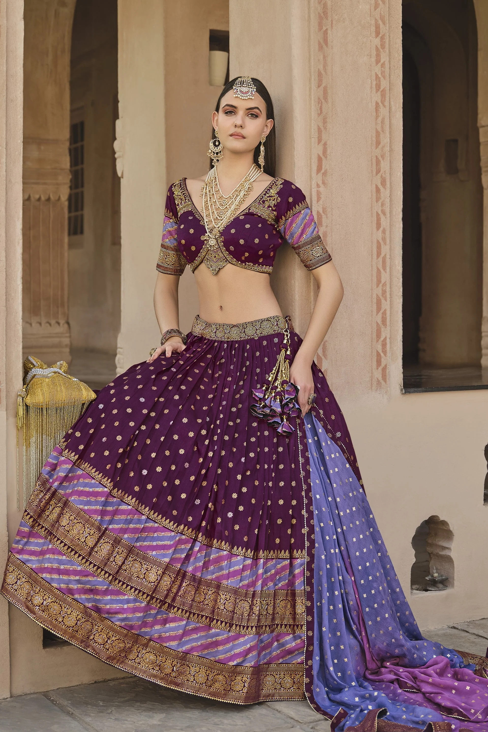 Burgundy Ethnic Printed Premium Silk Lehenga Set - Image 3
