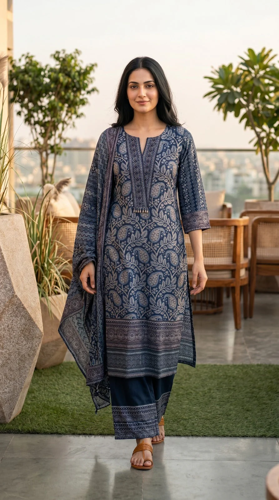 Indigo Blue Printed Crepe Silk Pant Set