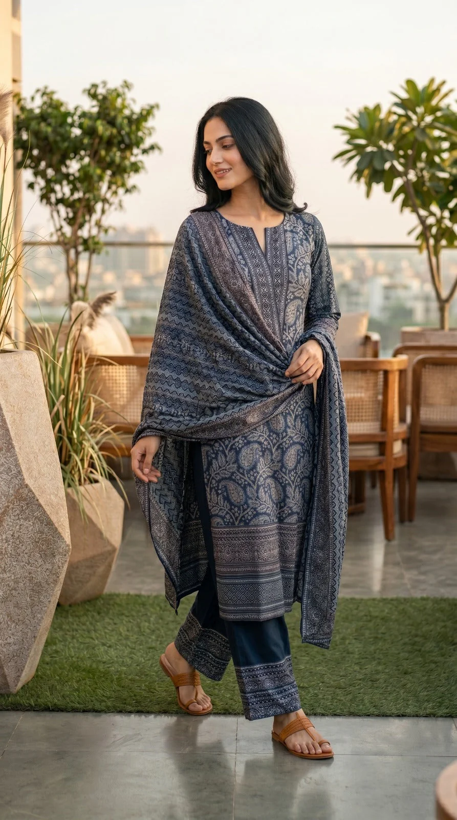 Indigo Blue Printed Crepe Silk Pant Set - Image 3