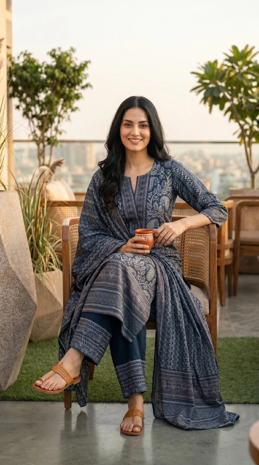Indigo Blue Printed Crepe Silk Pant Set - Image 4