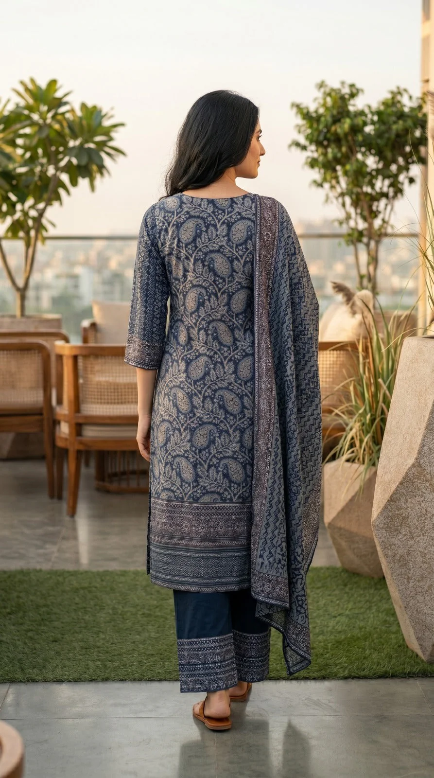 Indigo Blue Printed Crepe Silk Pant Set - Image 5