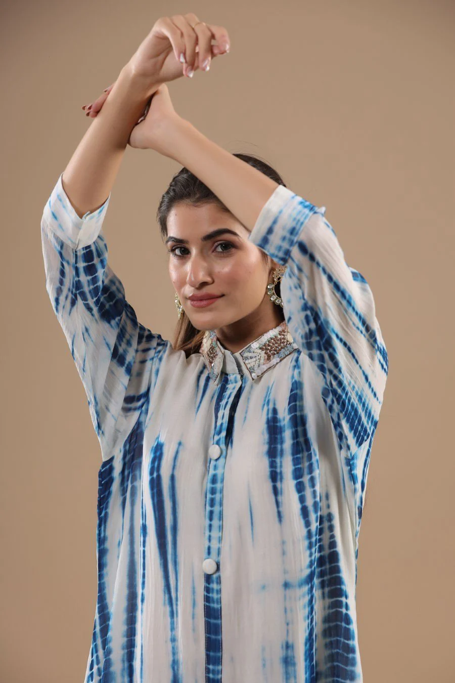 Indigo Blue Tie Dyed &amp; Embellished Tunic - Image 2
