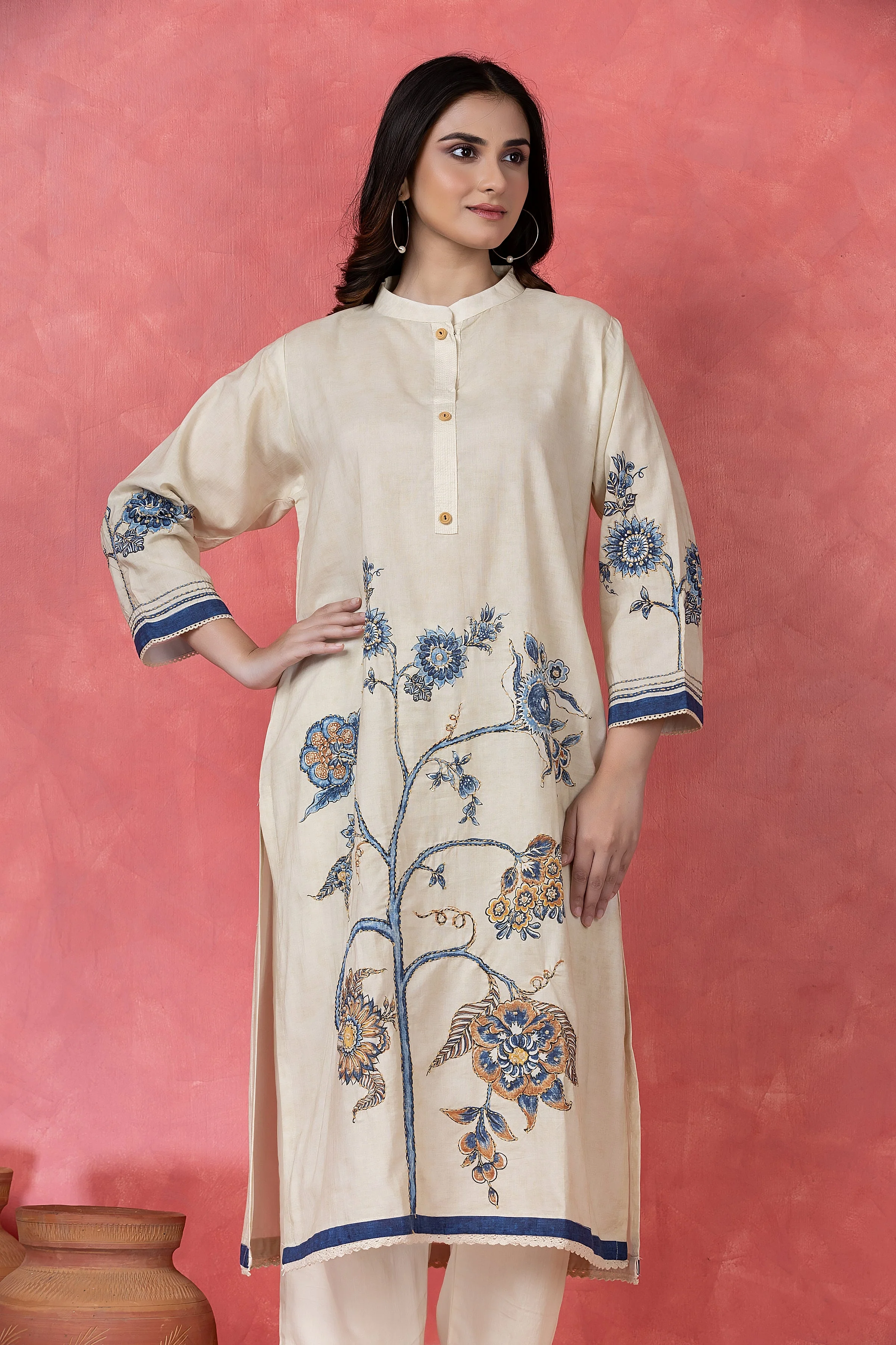 Indigo Floral Embroidered Cotton Pant Set - Image 2