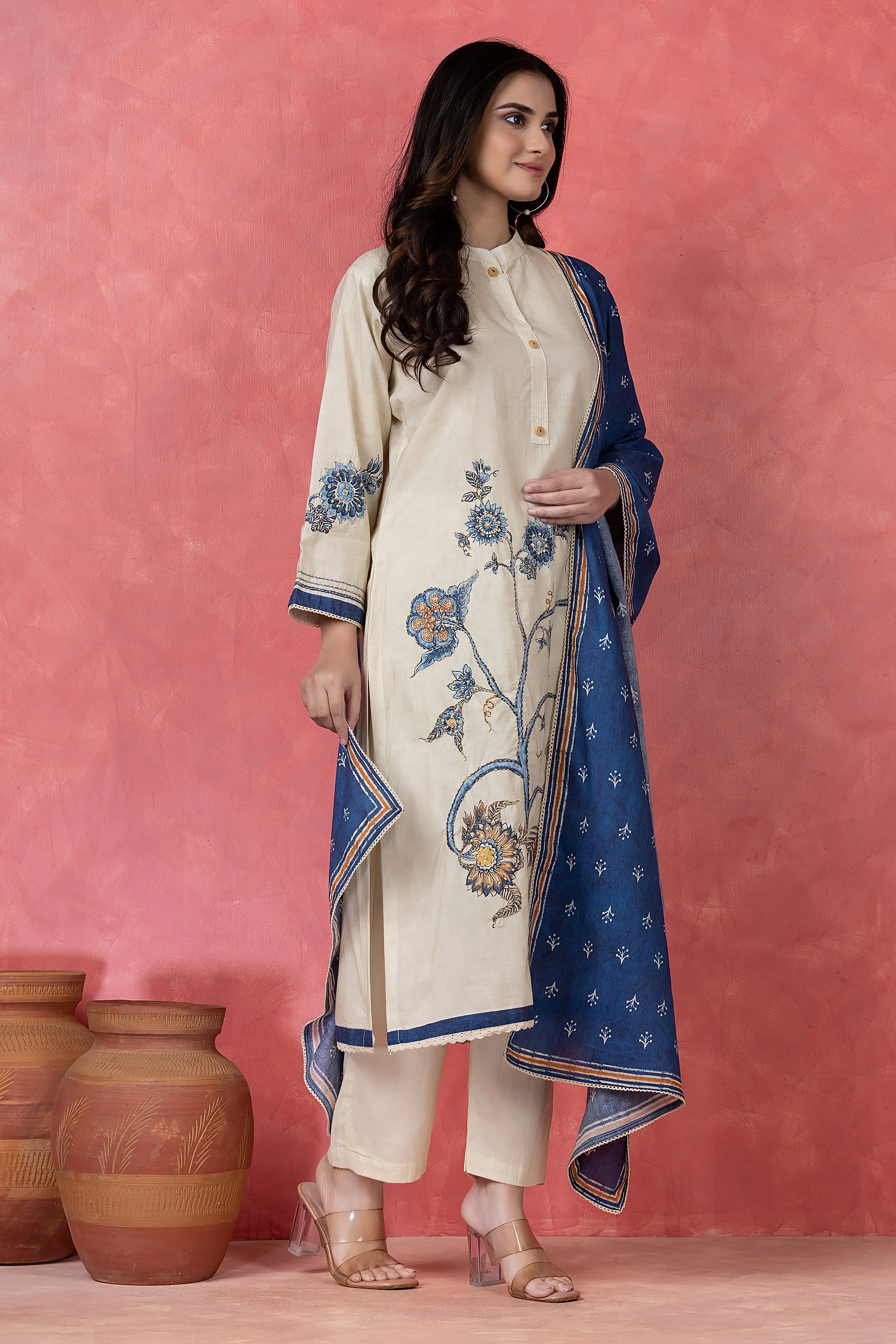 Indigo Floral Embroidered Cotton Pant Set - Image 3