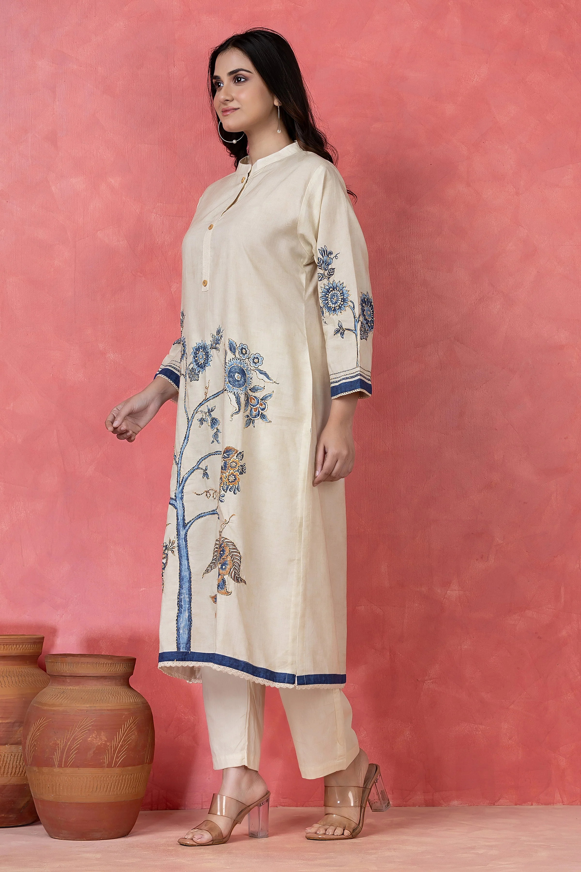 Indigo Floral Embroidered Cotton Pant Set - Image 4