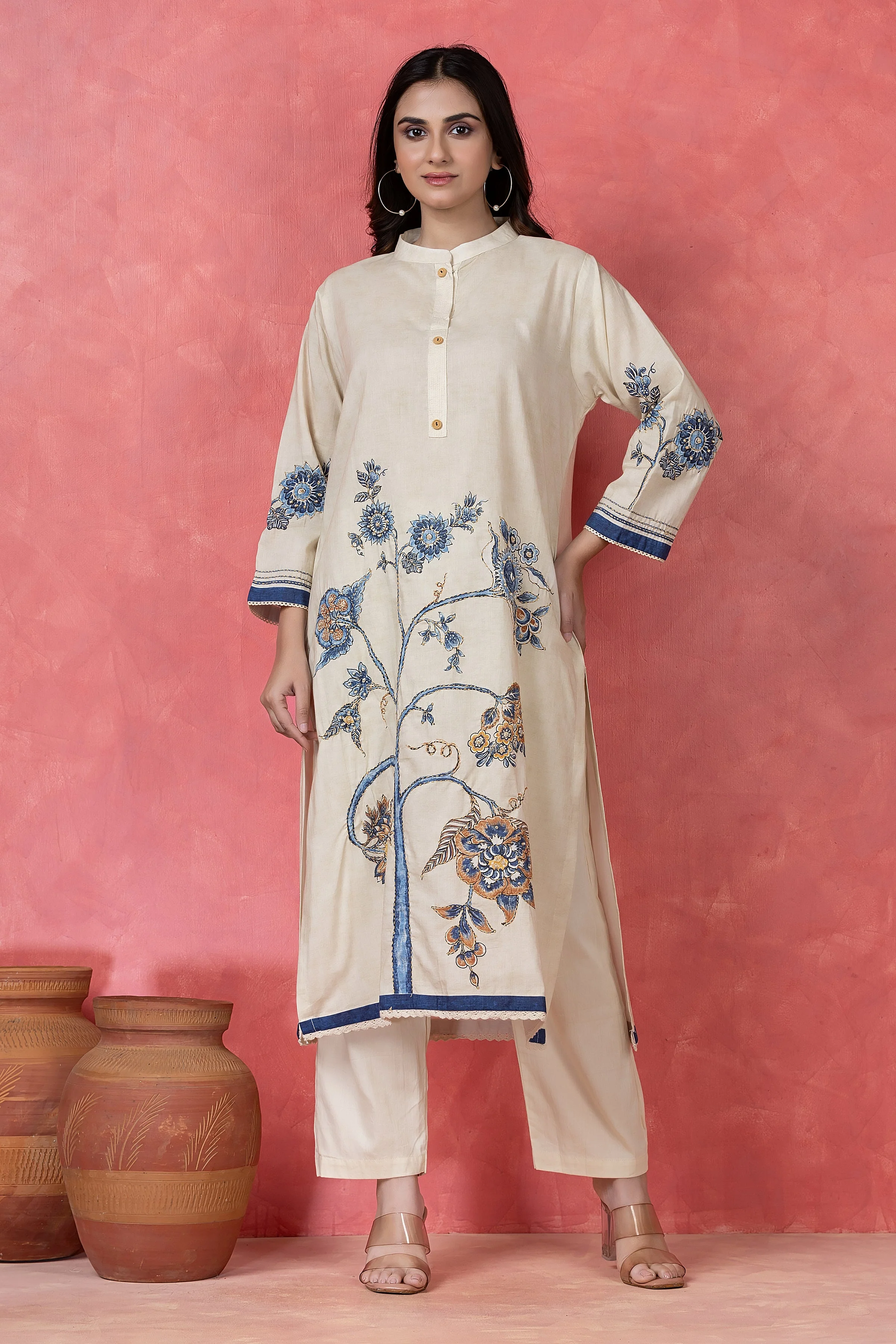 Indigo Floral Embroidered Cotton Pant Set - Image 5